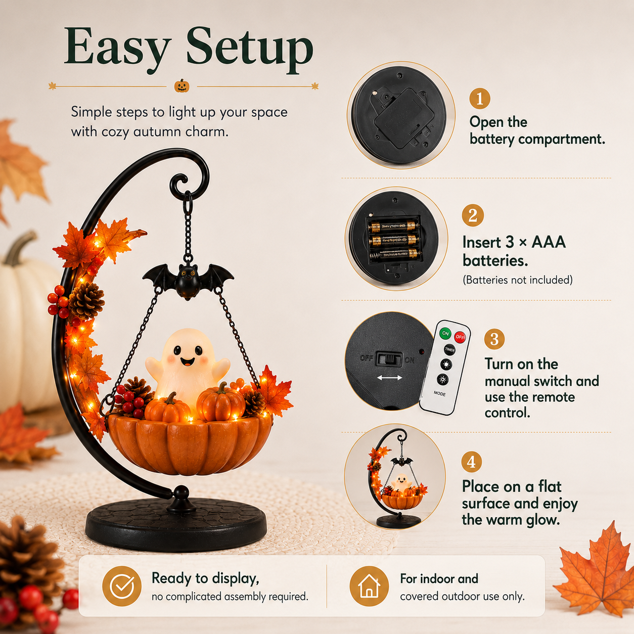 Lighted Ghost Pumpkin Crescent Swing Tabletop Decor