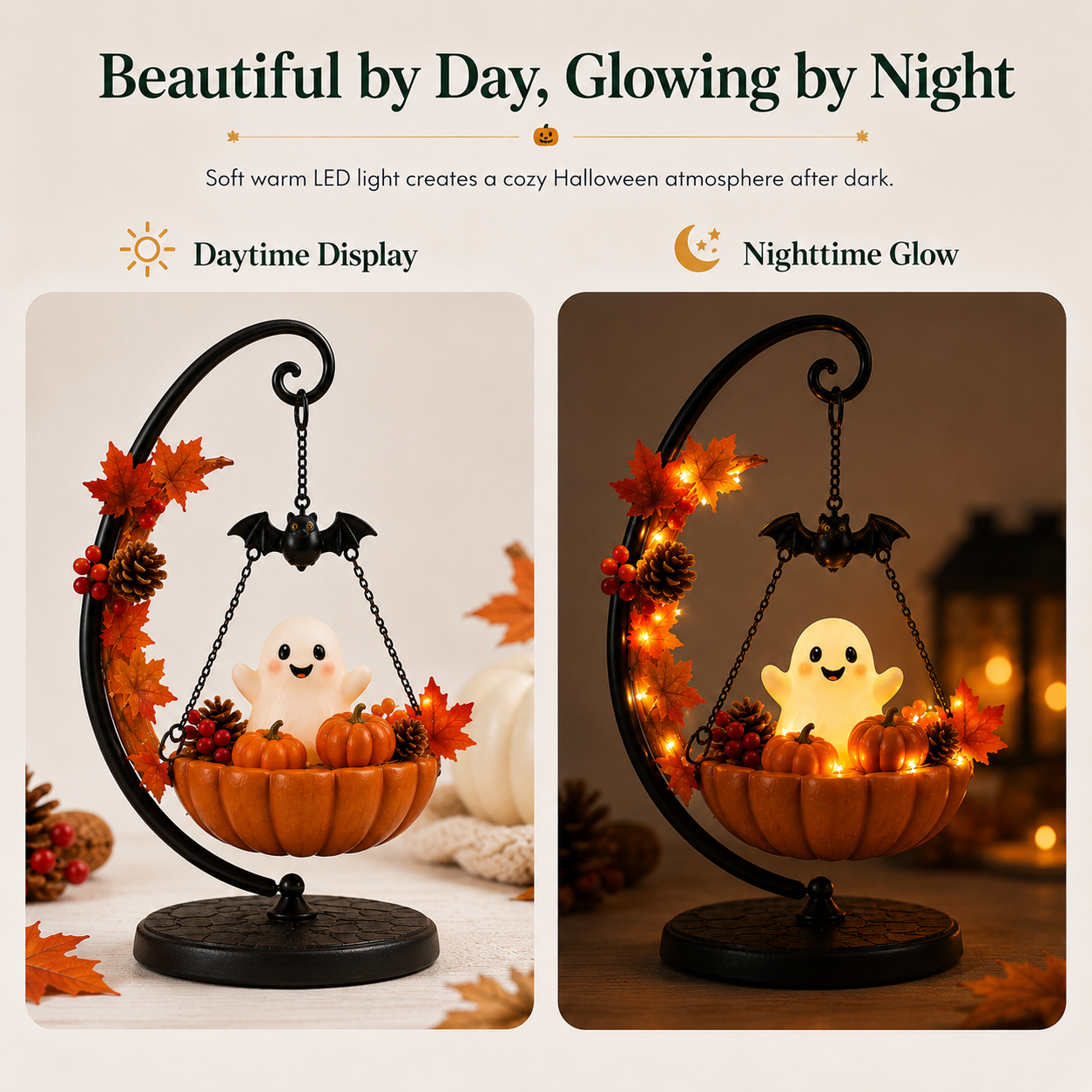 Lighted Ghost Pumpkin Crescent Swing Tabletop Decor