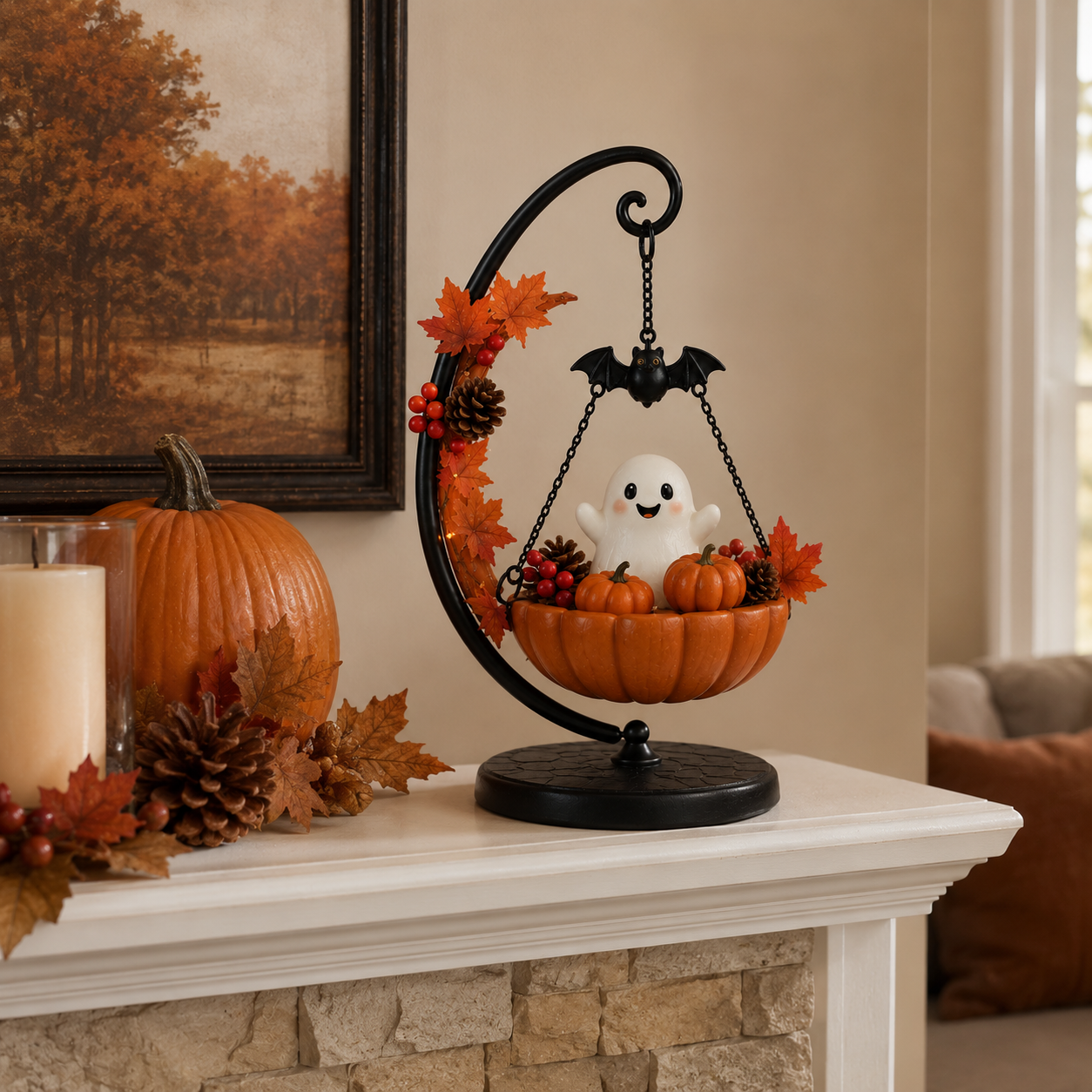 Lighted Ghost Pumpkin Crescent Swing Tabletop Decor