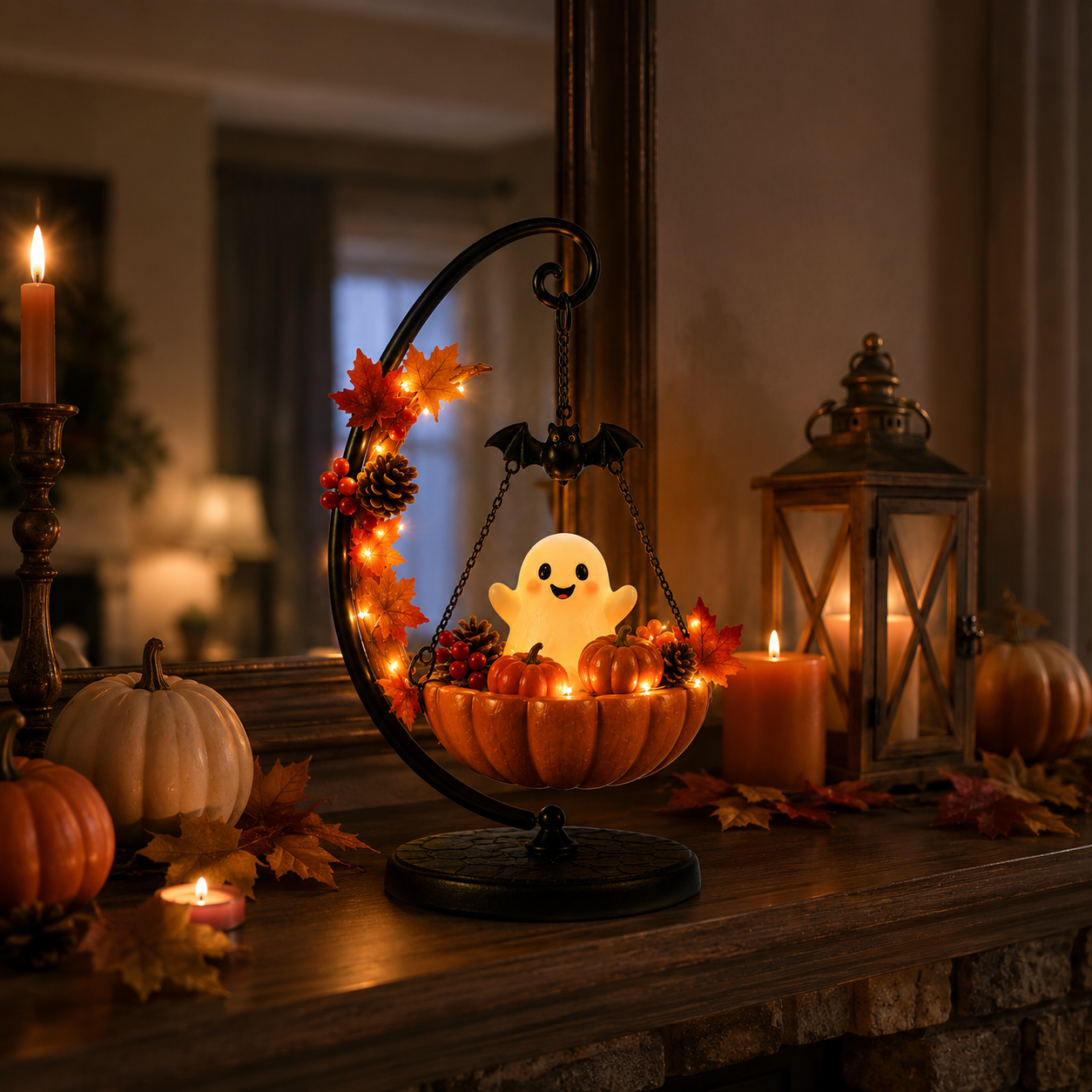 Lighted Ghost Pumpkin Crescent Swing Tabletop Decor