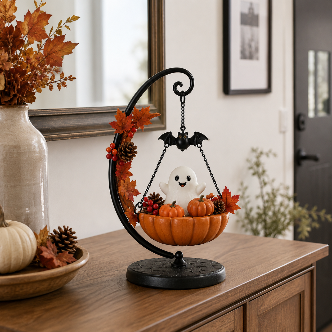 Lighted Ghost Pumpkin Crescent Swing Tabletop Decor