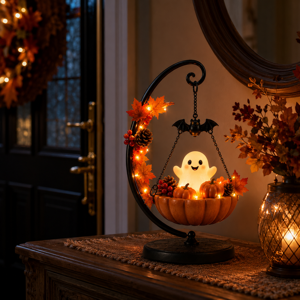Lighted Ghost Pumpkin Crescent Swing Tabletop Decor