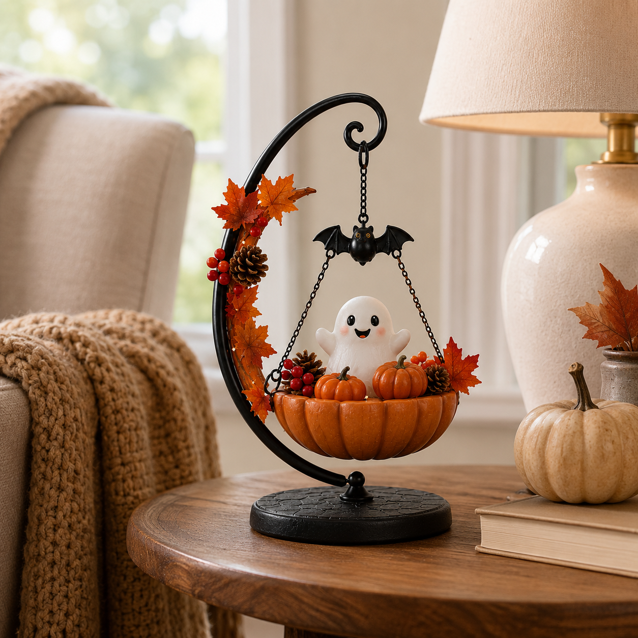 Lighted Ghost Pumpkin Crescent Swing Tabletop Decor