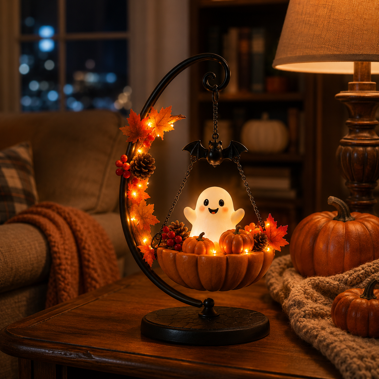 Lighted Ghost Pumpkin Crescent Swing Tabletop Decor