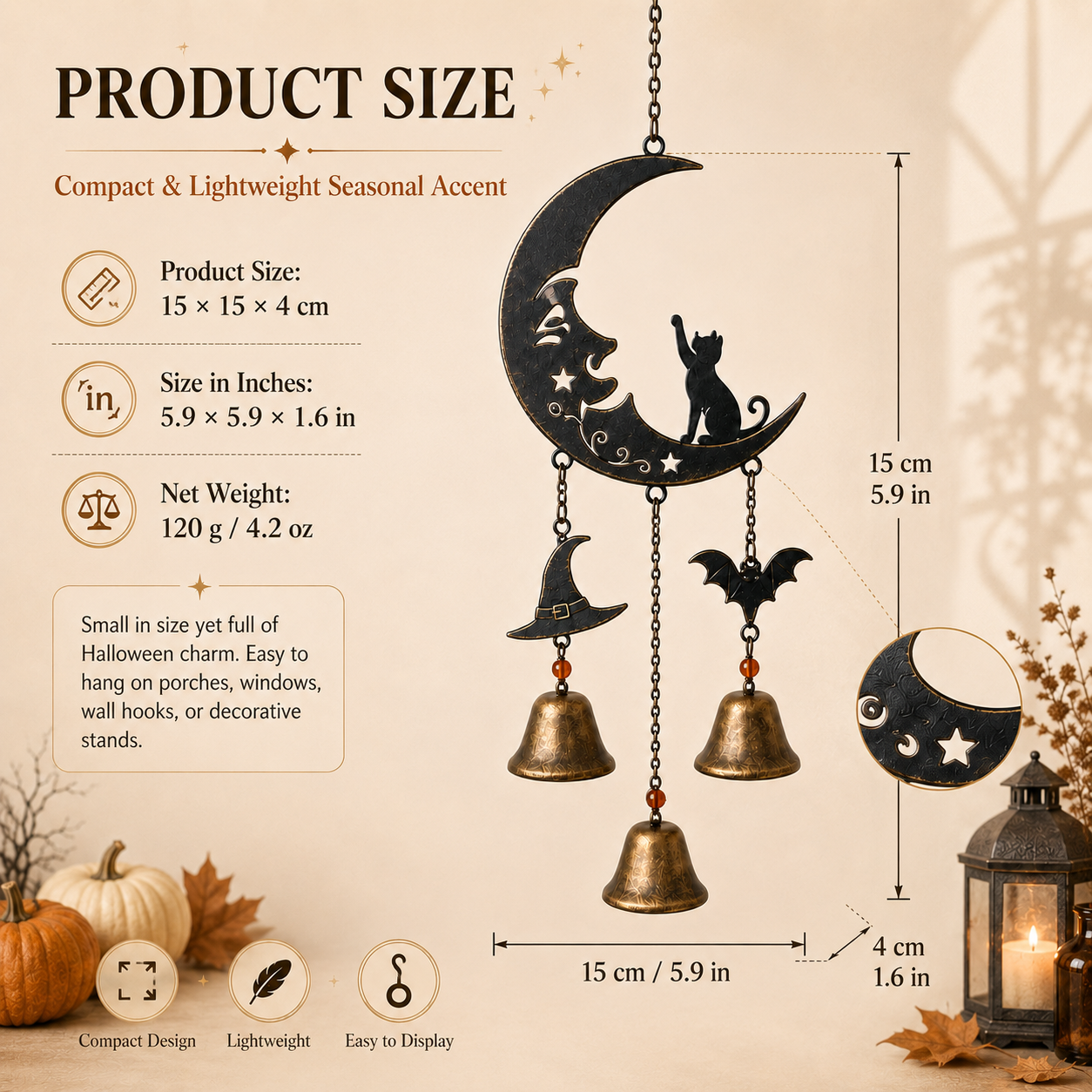 Halloween Black Cat Crescent Moon Metal Wind Chime