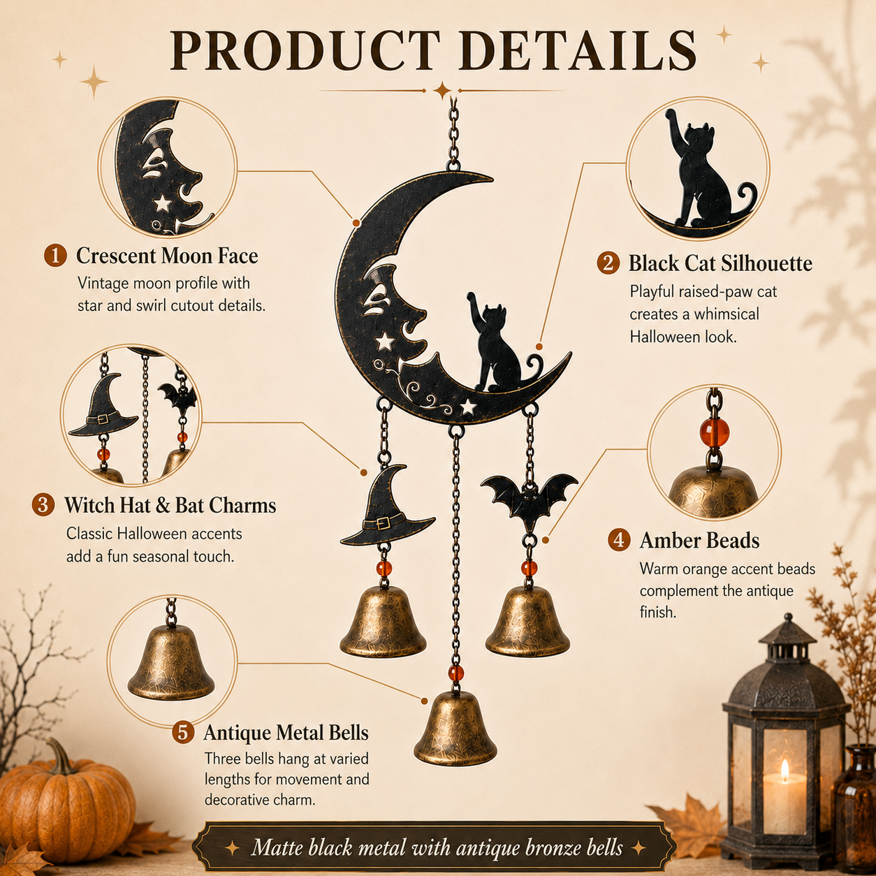 Halloween Black Cat Crescent Moon Metal Wind Chime