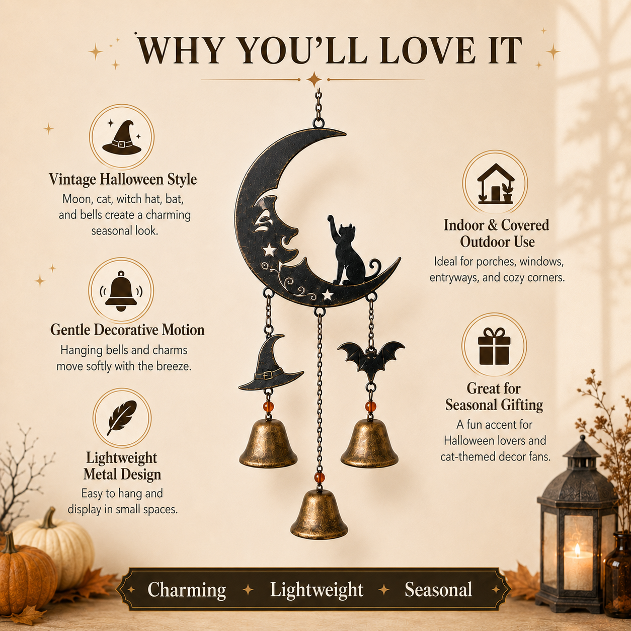 Halloween Black Cat Crescent Moon Metal Wind Chime