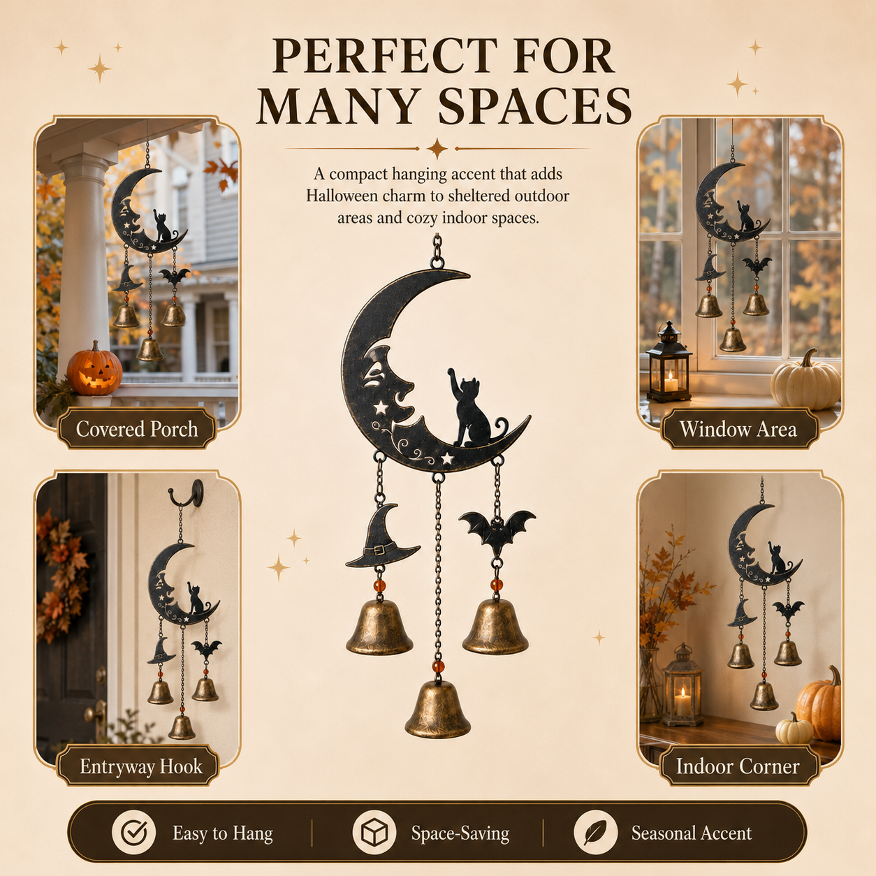Halloween Black Cat Crescent Moon Metal Wind Chime