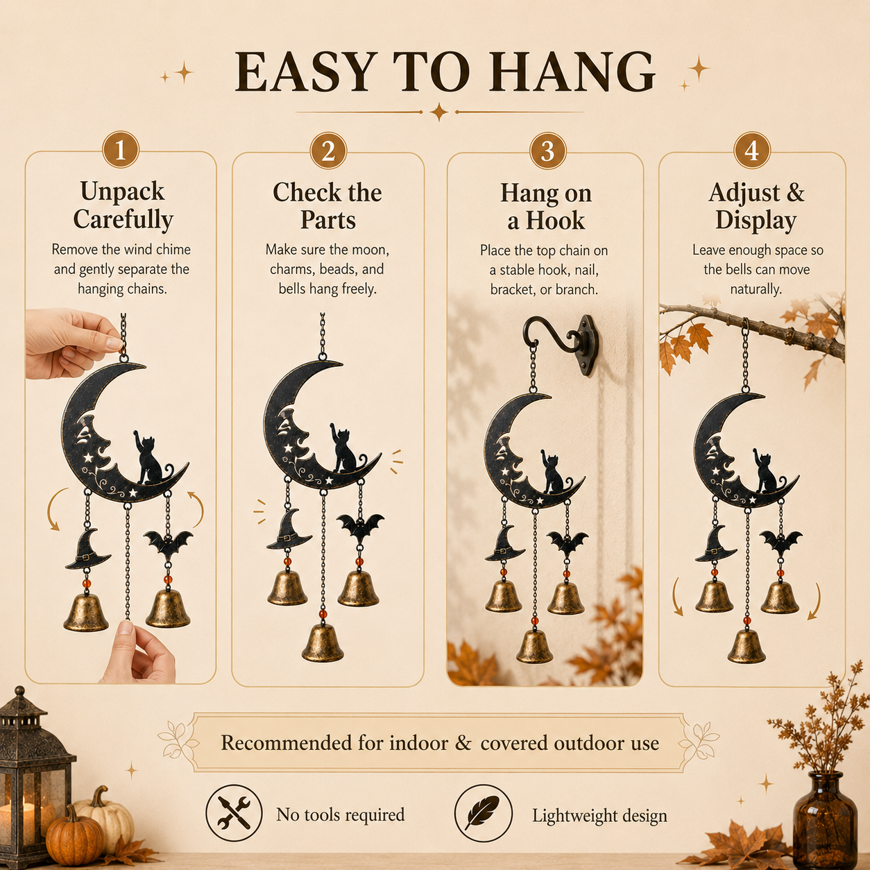 Halloween Black Cat Crescent Moon Metal Wind Chime