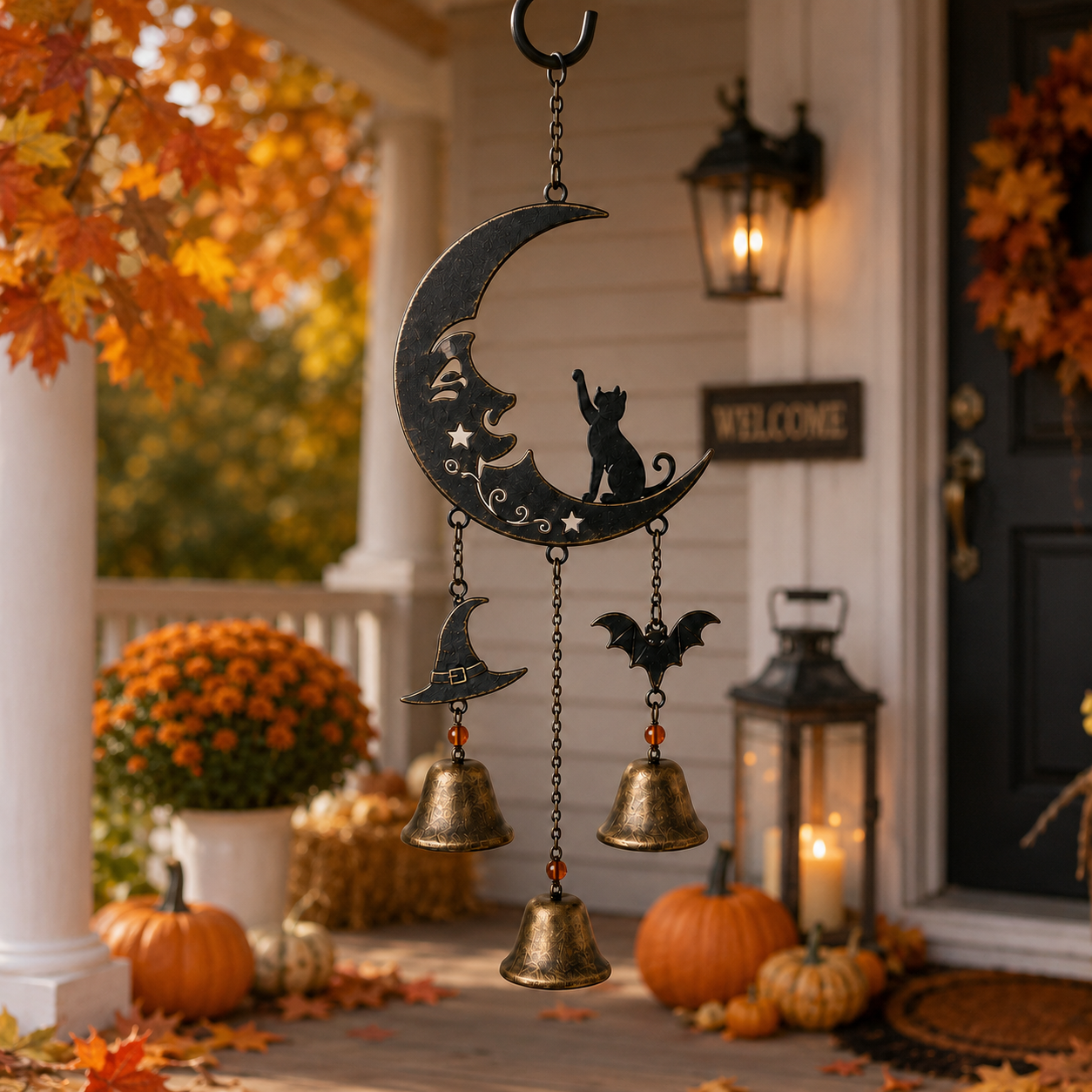 Halloween Black Cat Crescent Moon Metal Wind Chime