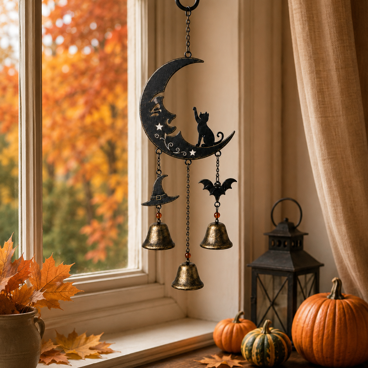 Halloween Black Cat Crescent Moon Metal Wind Chime