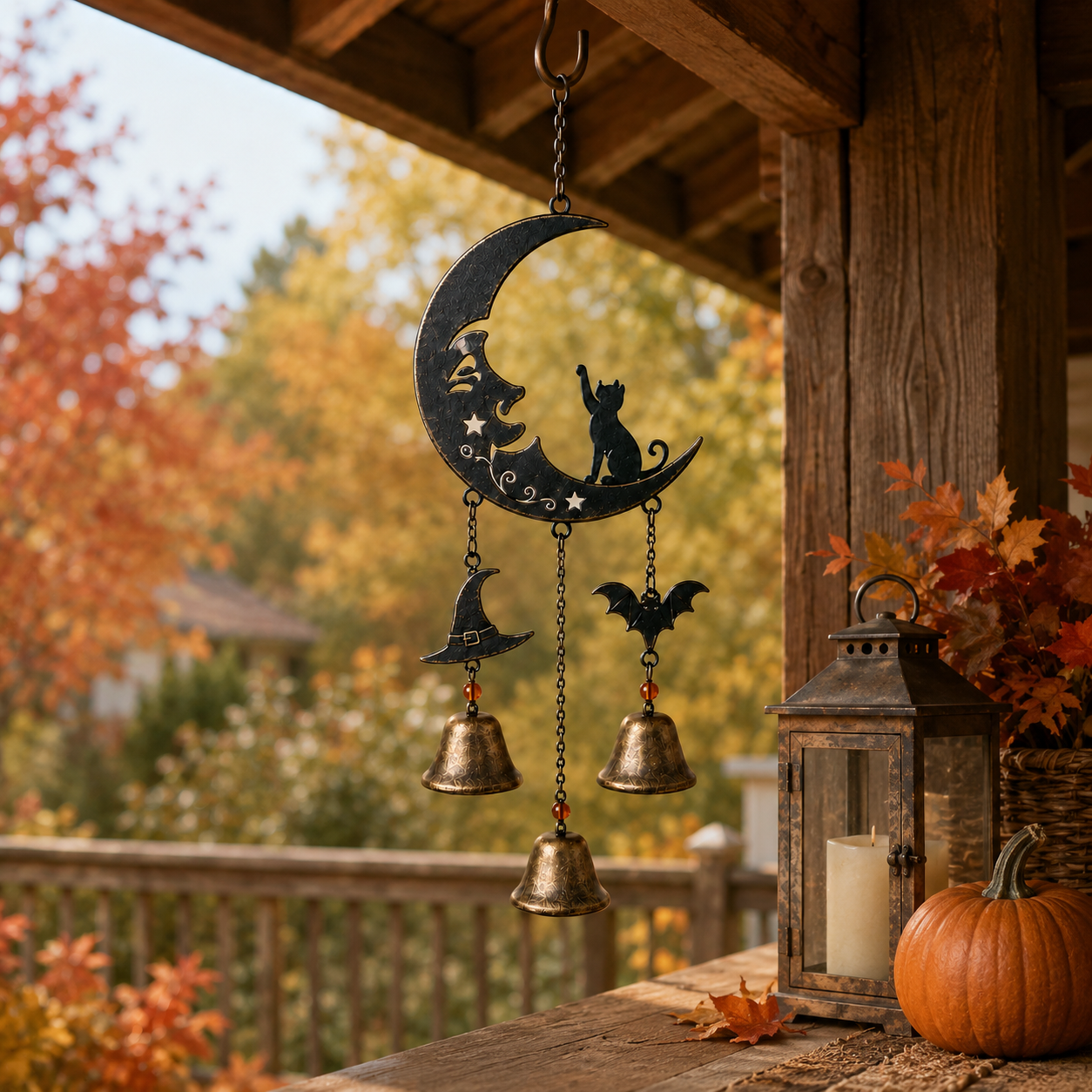 Halloween Black Cat Crescent Moon Metal Wind Chime