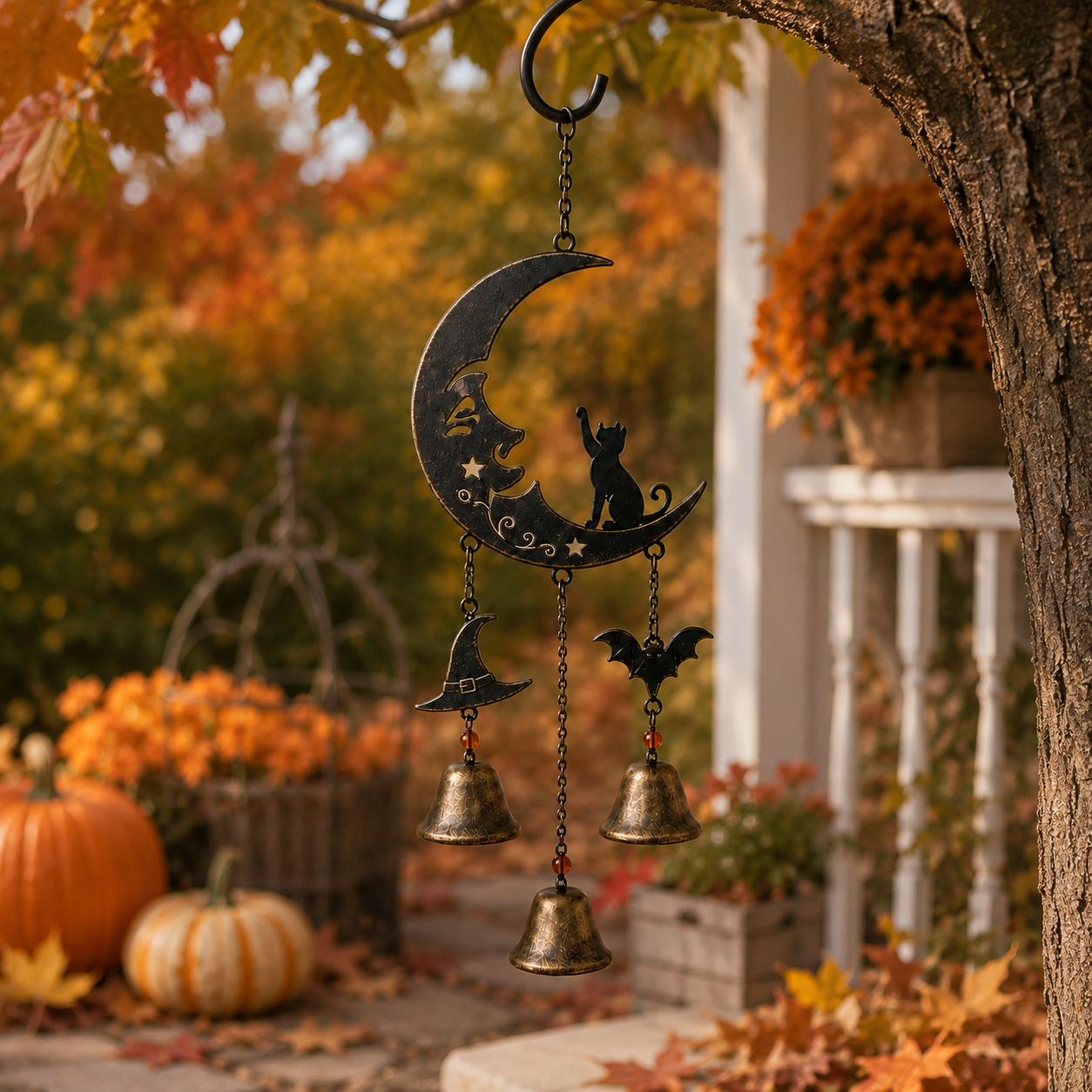 Halloween Black Cat Crescent Moon Metal Wind Chime