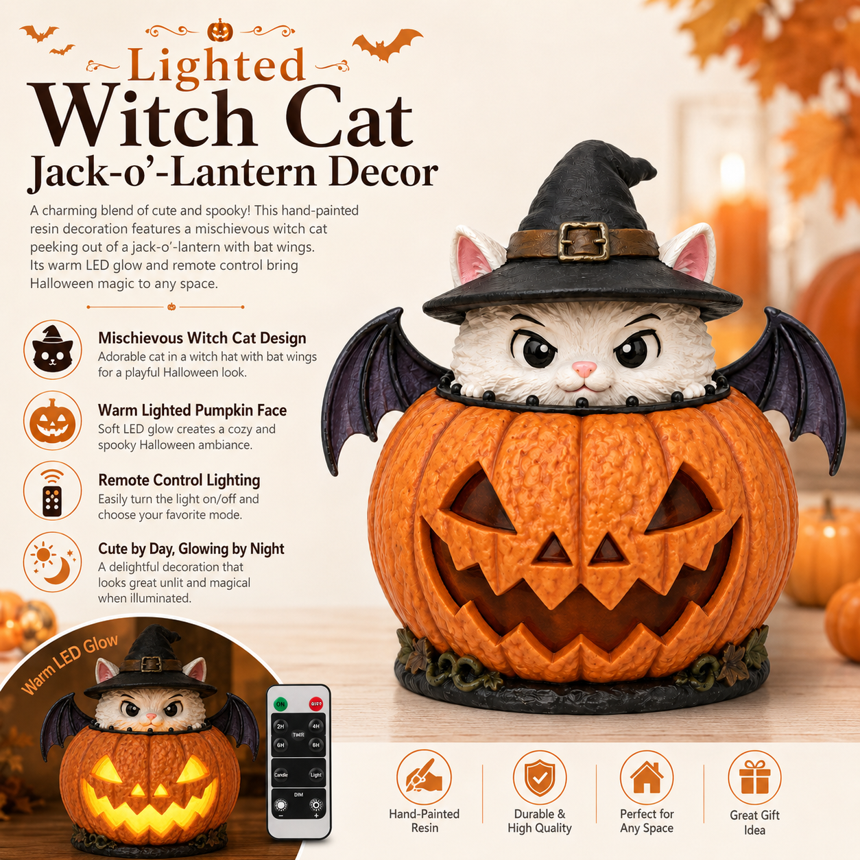 Lighted Witch Cat Jack-o’-Lantern Decor