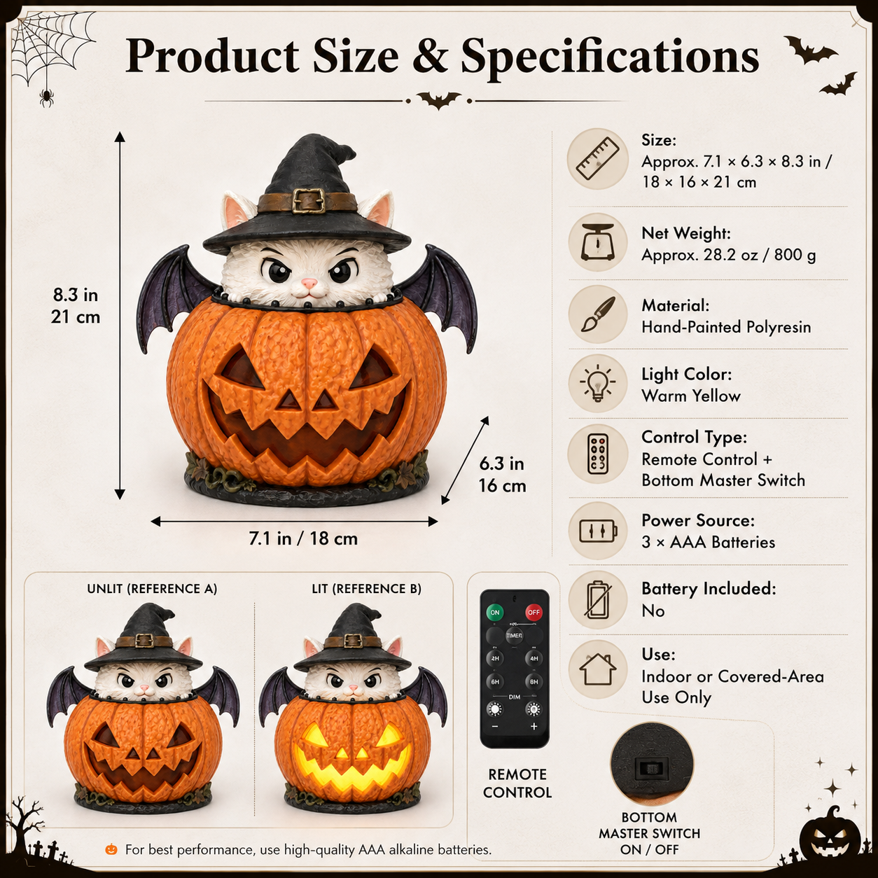 Lighted Witch Cat Jack-o’-Lantern Decor