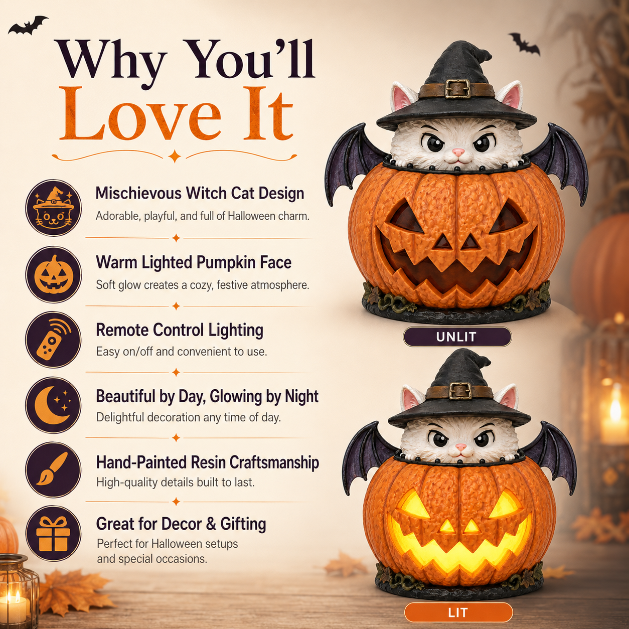 Lighted Witch Cat Jack-o’-Lantern Decor
