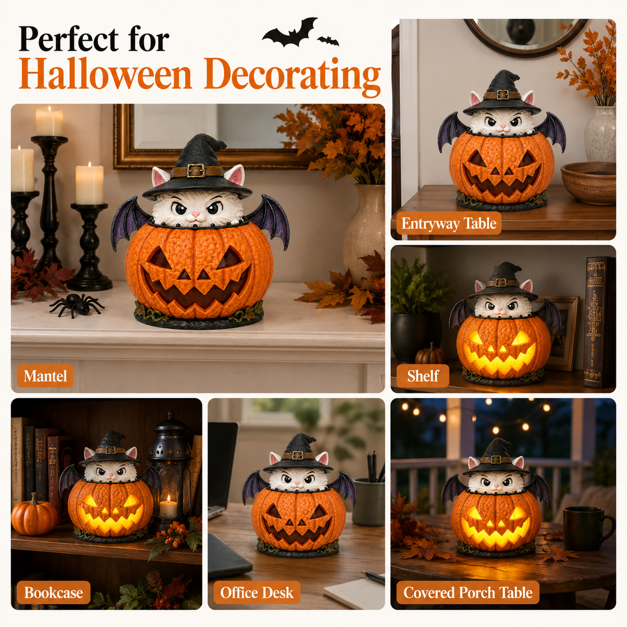 Lighted Witch Cat Jack-o’-Lantern Decor