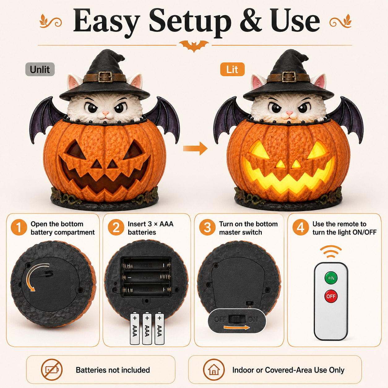 Lighted Witch Cat Jack-o’-Lantern Decor