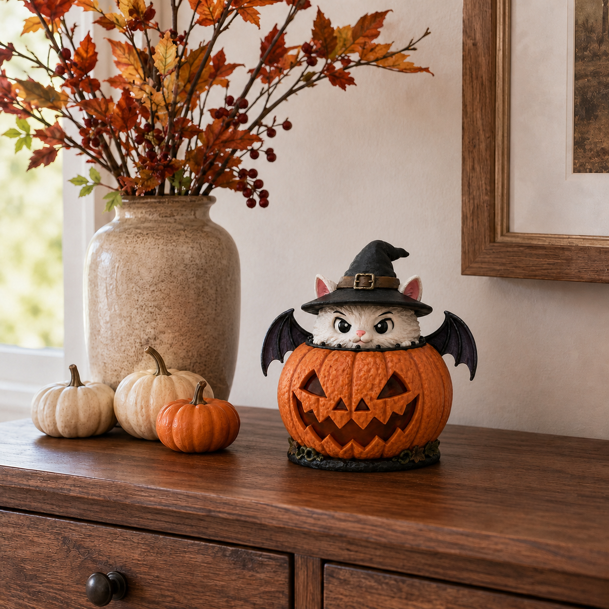 Lighted Witch Cat Jack-o’-Lantern Decor