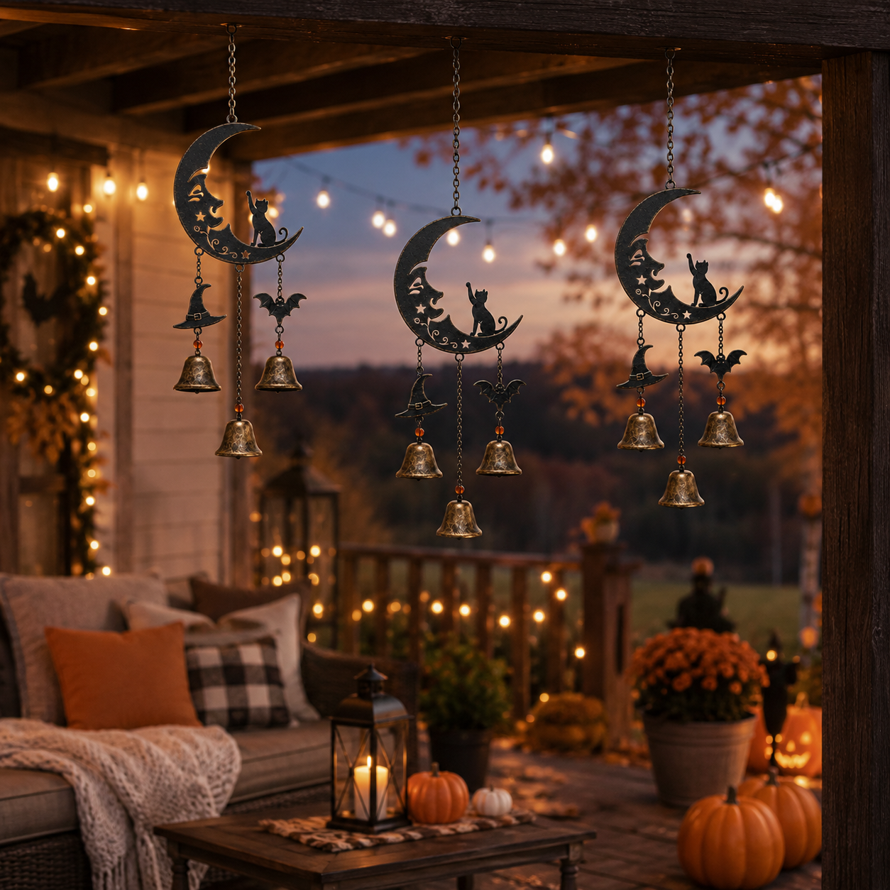 Halloween Black Cat Crescent Moon Metal Wind Chime
