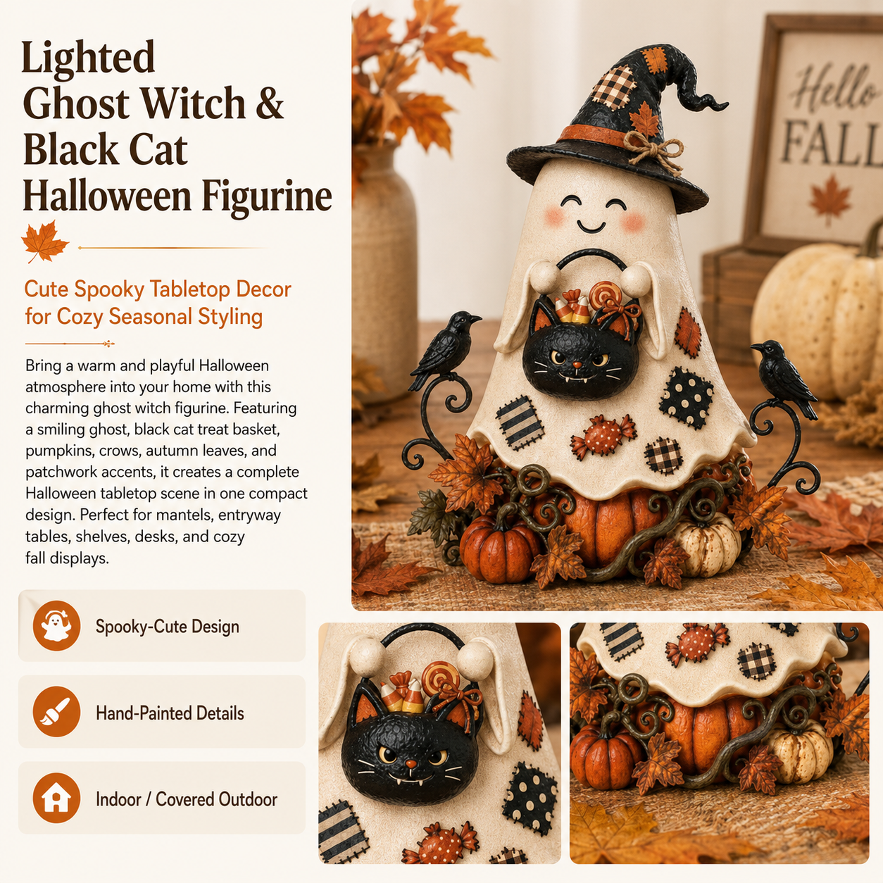 Lighted Ghost Witch & Black Cat Halloween Figurine