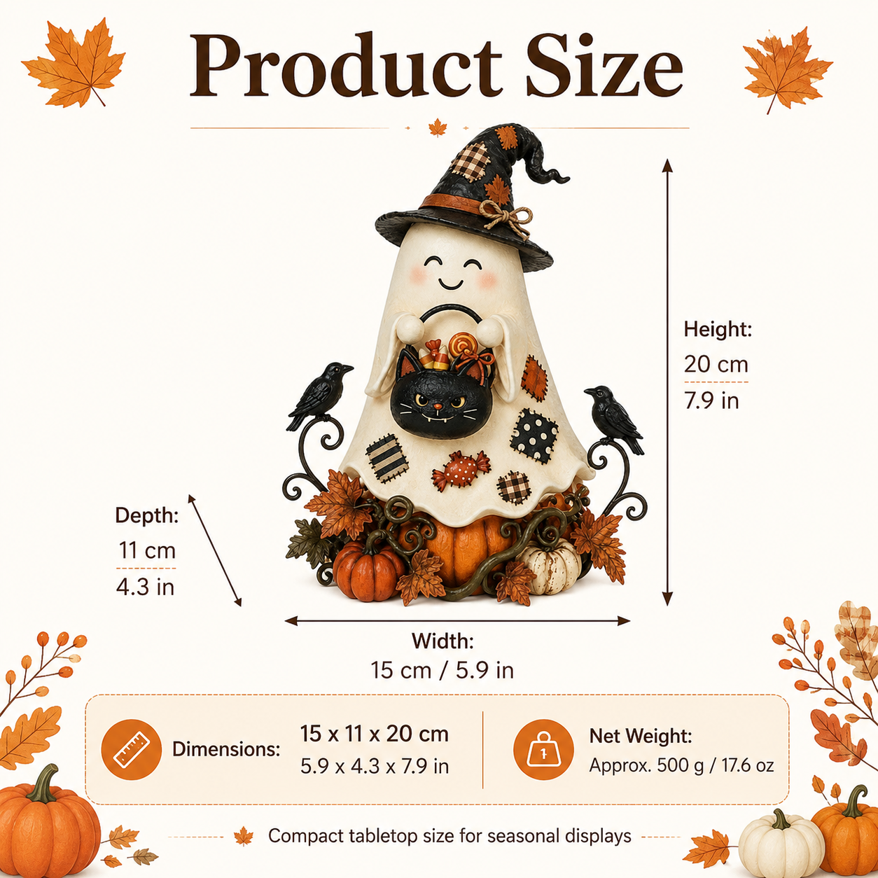 Lighted Ghost Witch & Black Cat Halloween Figurine