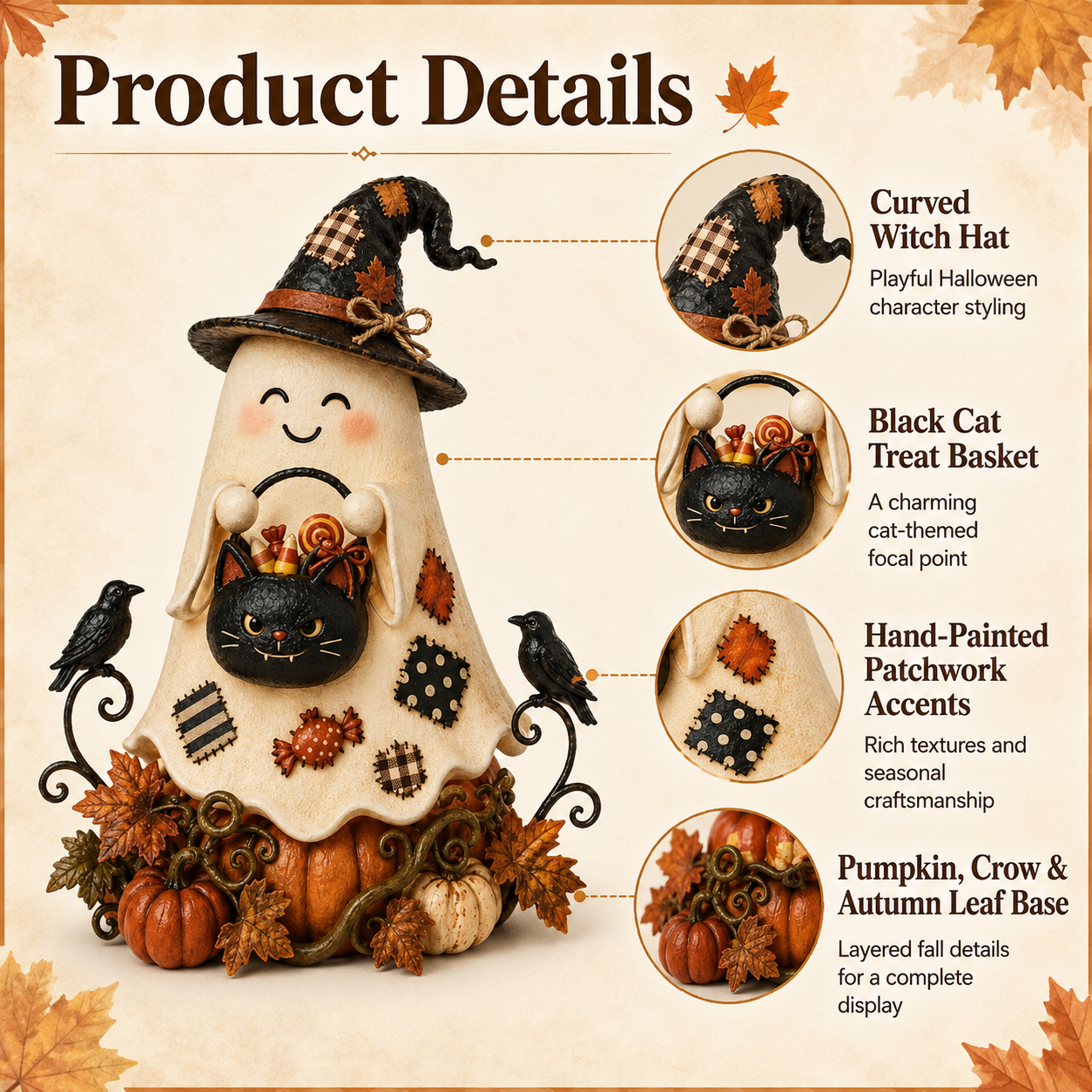 Lighted Ghost Witch & Black Cat Halloween Figurine