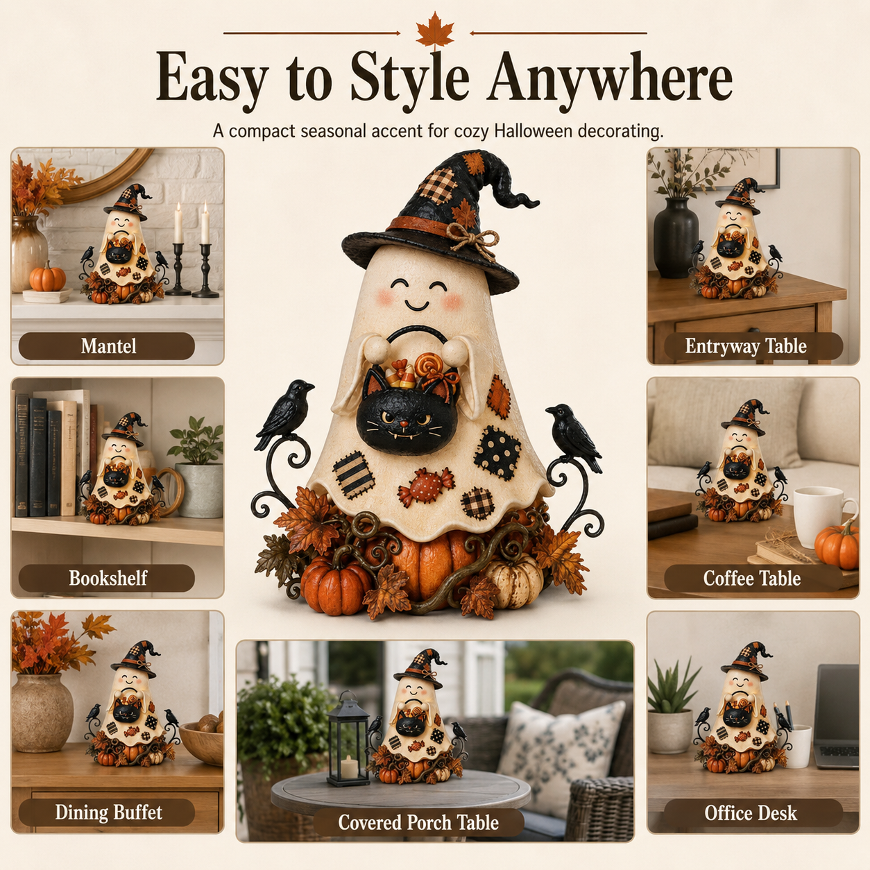 Lighted Ghost Witch & Black Cat Halloween Figurine