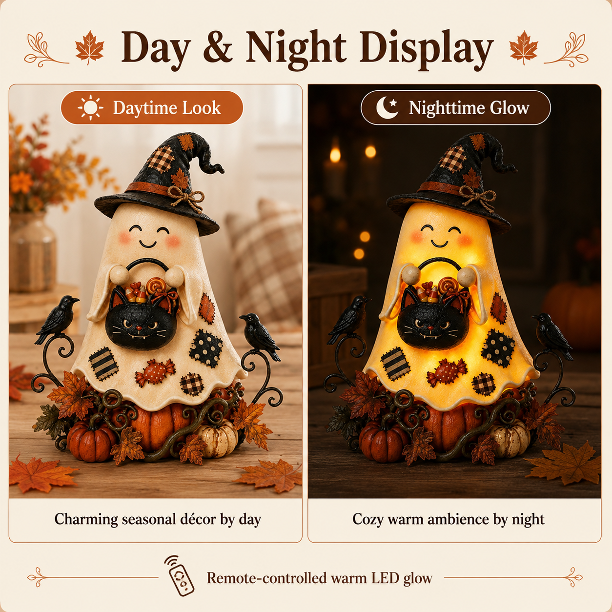 Lighted Ghost Witch & Black Cat Halloween Figurine
