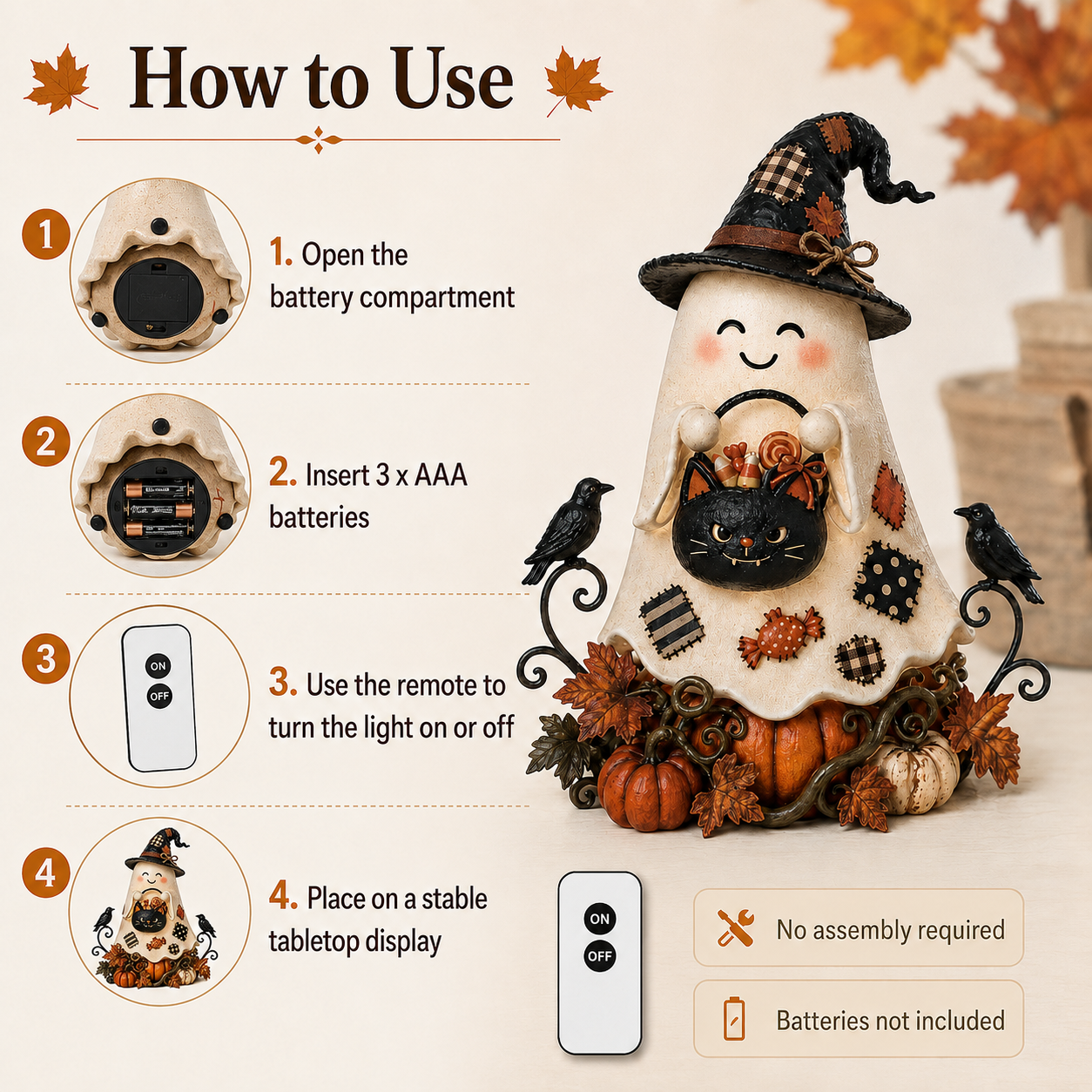 Lighted Ghost Witch & Black Cat Halloween Figurine