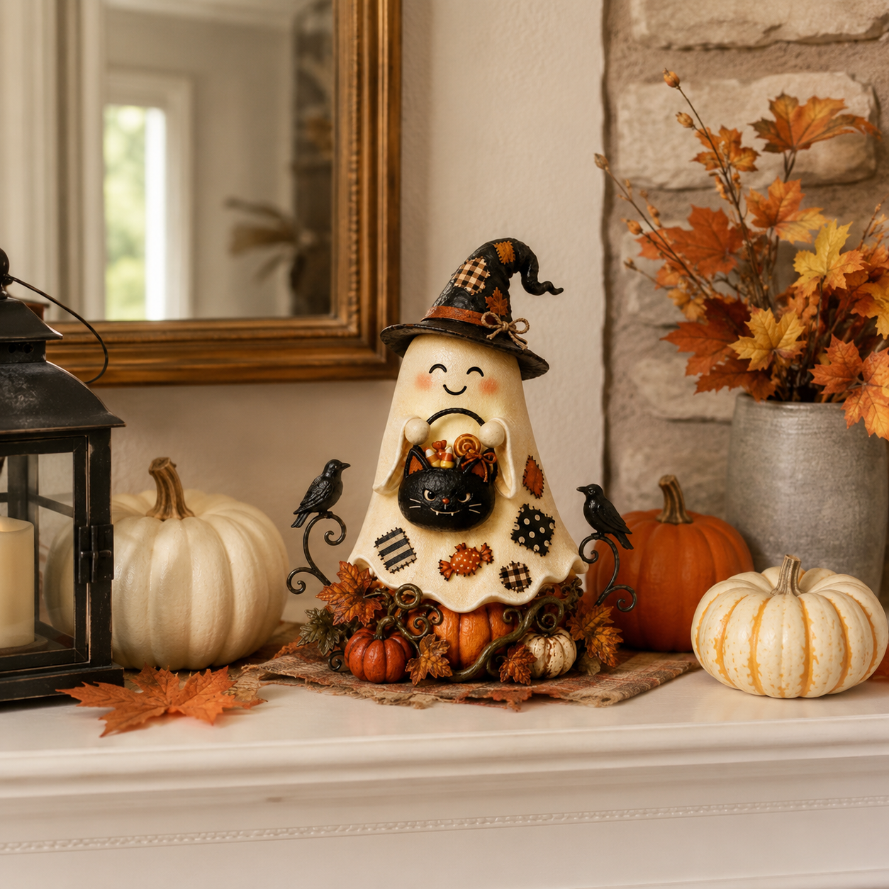 Lighted Ghost Witch & Black Cat Halloween Figurine