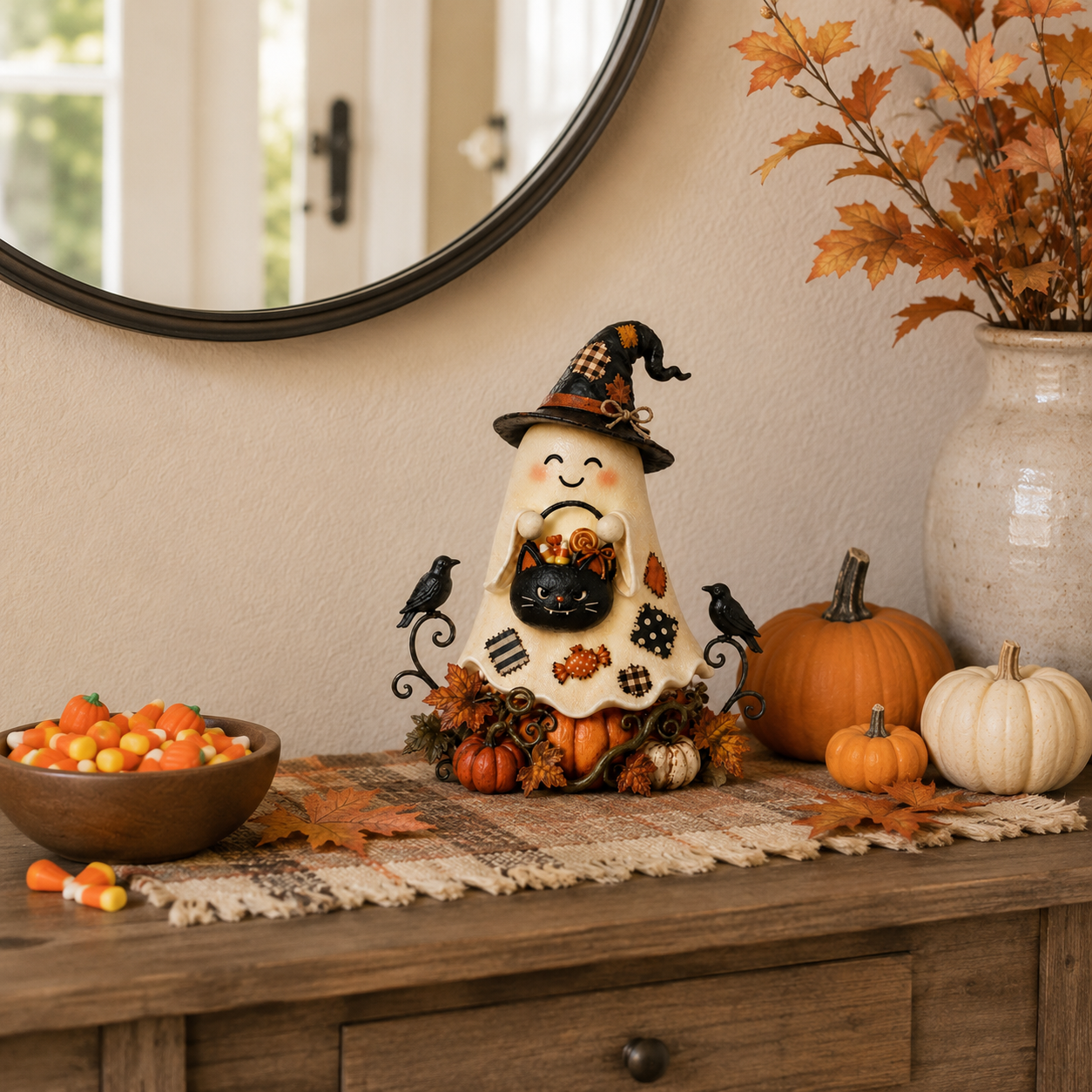 Lighted Ghost Witch & Black Cat Halloween Figurine