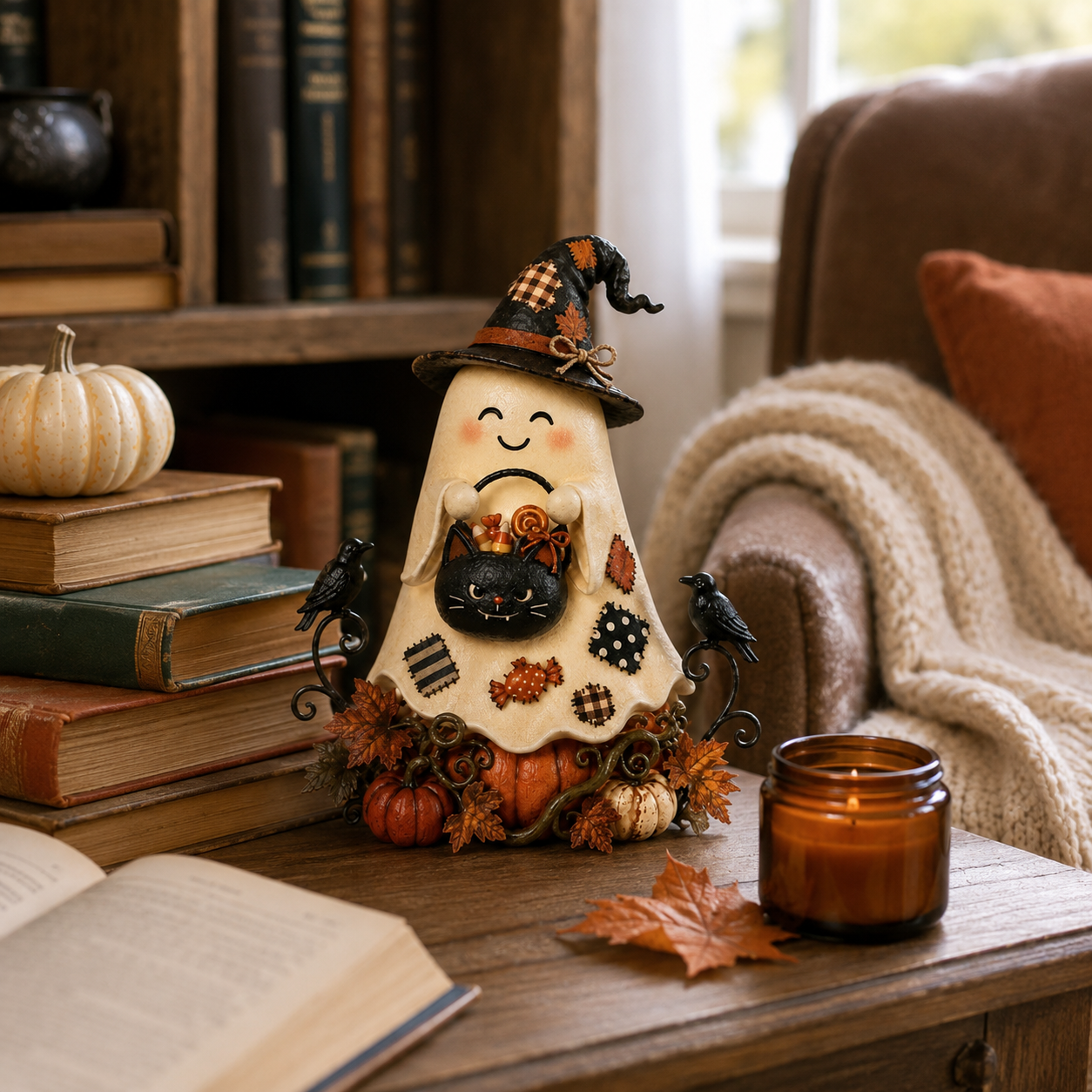 Lighted Ghost Witch & Black Cat Halloween Figurine