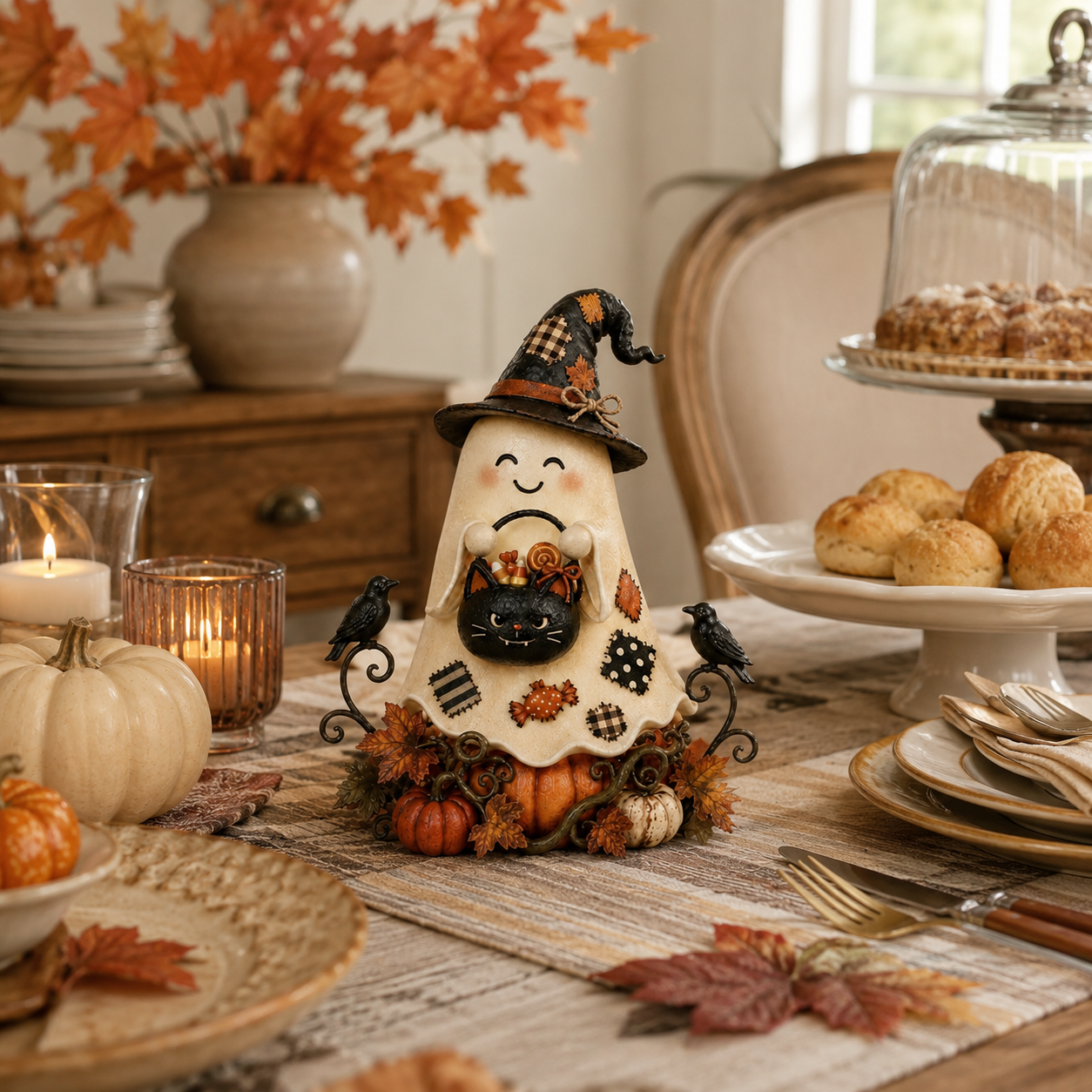Lighted Ghost Witch & Black Cat Halloween Figurine