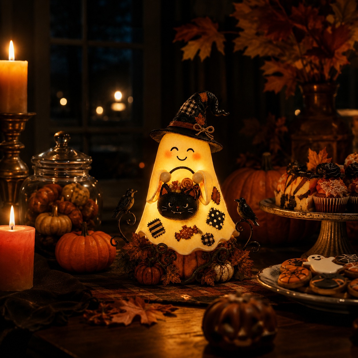 Lighted Ghost Witch & Black Cat Halloween Figurine