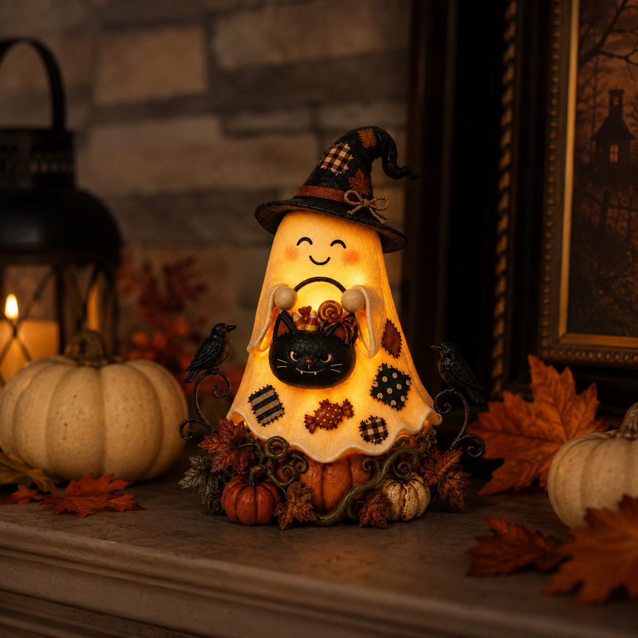 Lighted Ghost Witch & Black Cat Halloween Figurine