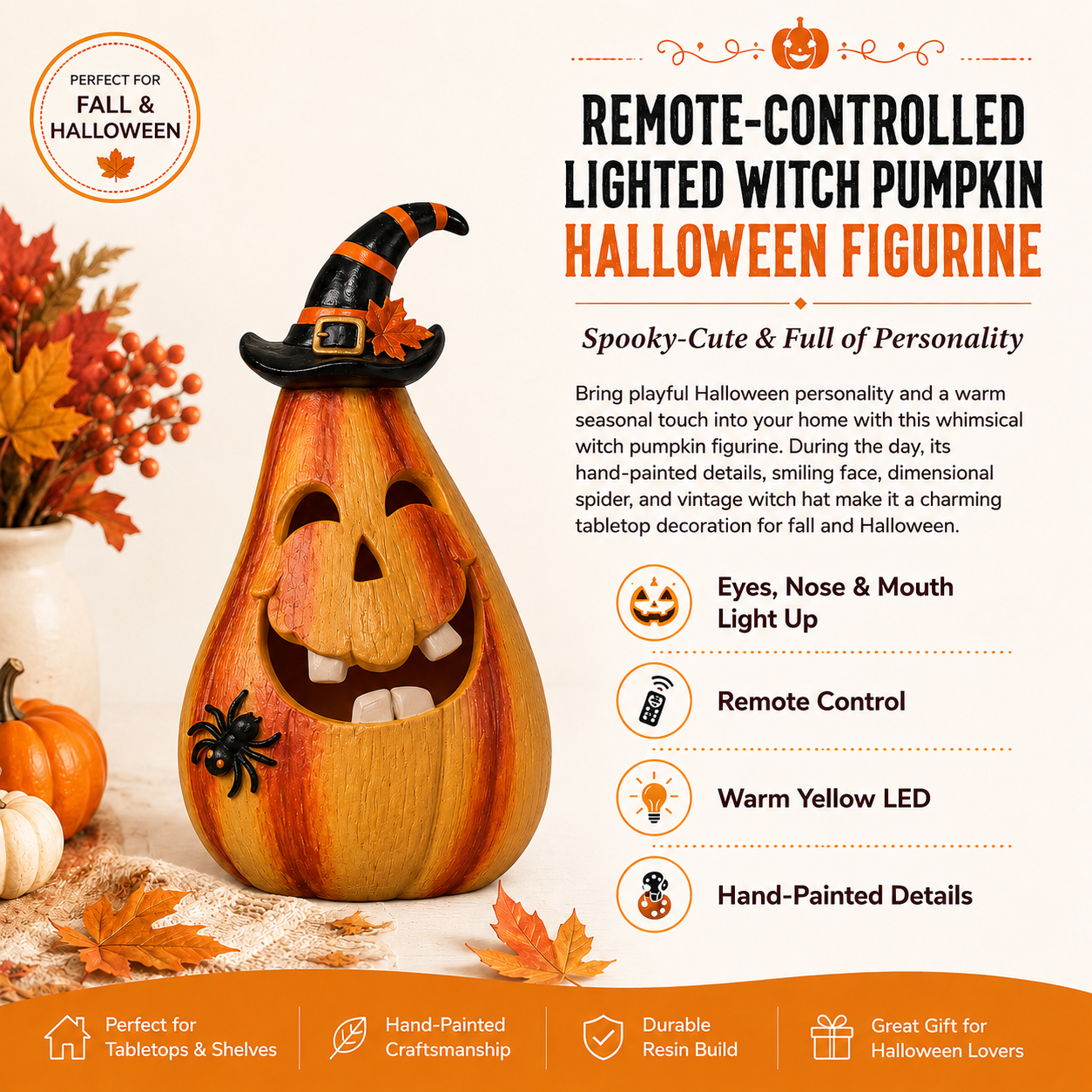 Remote-Controlled Lighted Witch Pumpkin Halloween Figurine