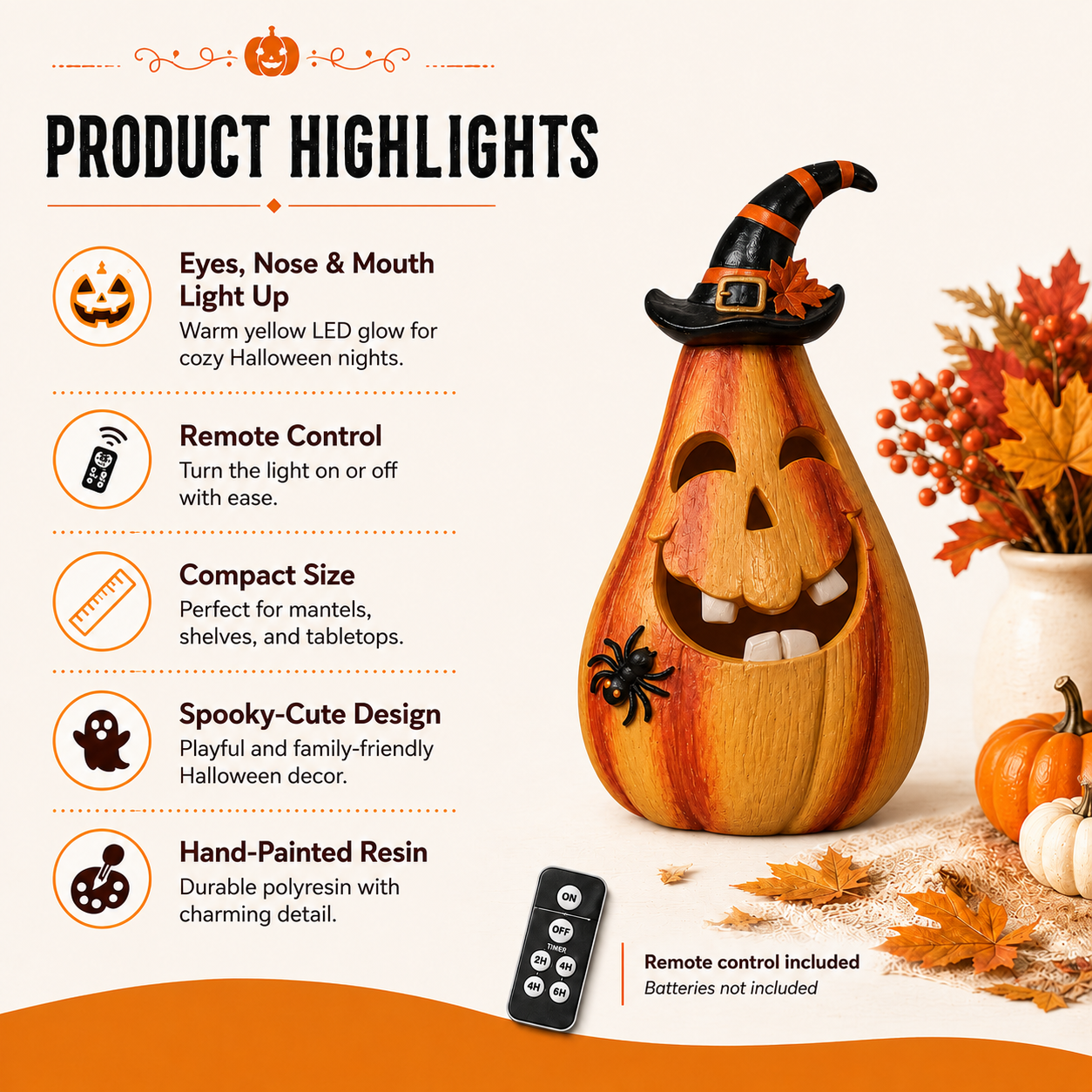 Remote-Controlled Lighted Witch Pumpkin Halloween Figurine