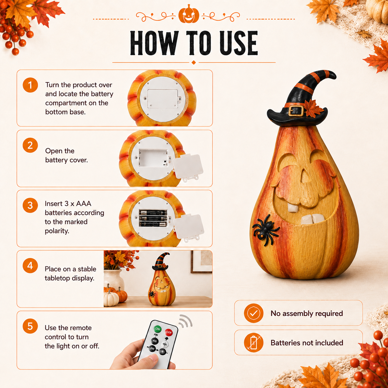 Remote-Controlled Lighted Witch Pumpkin Halloween Figurine