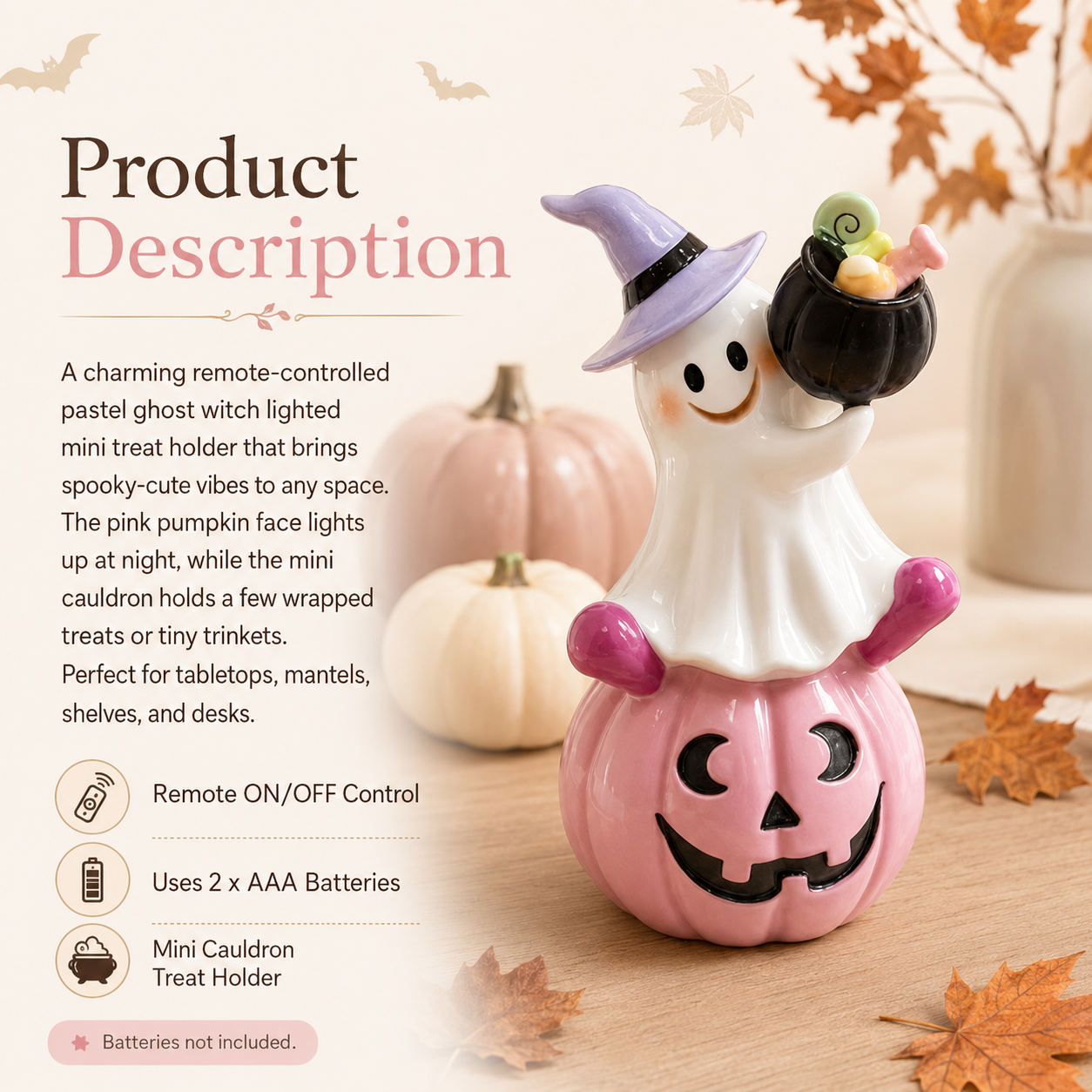 Remote-Controlled Pastel Ghost Witch Lighted Mini Treat Holder