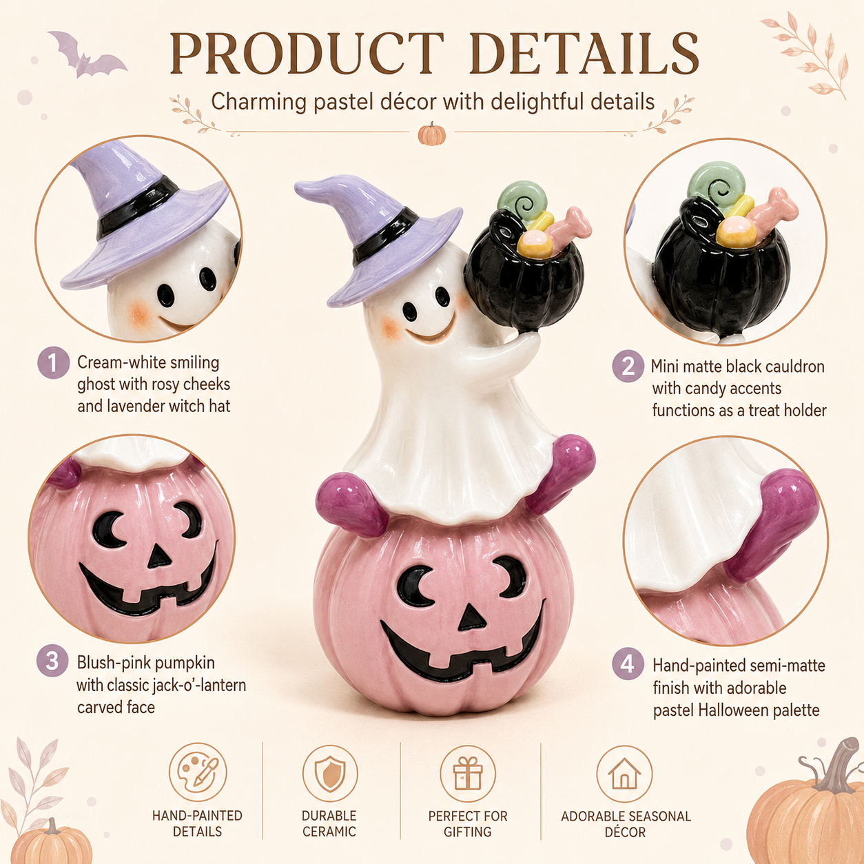 Remote-Controlled Pastel Ghost Witch Lighted Mini Treat Holder