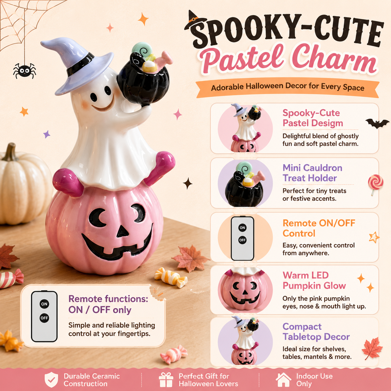 Remote-Controlled Pastel Ghost Witch Lighted Mini Treat Holder