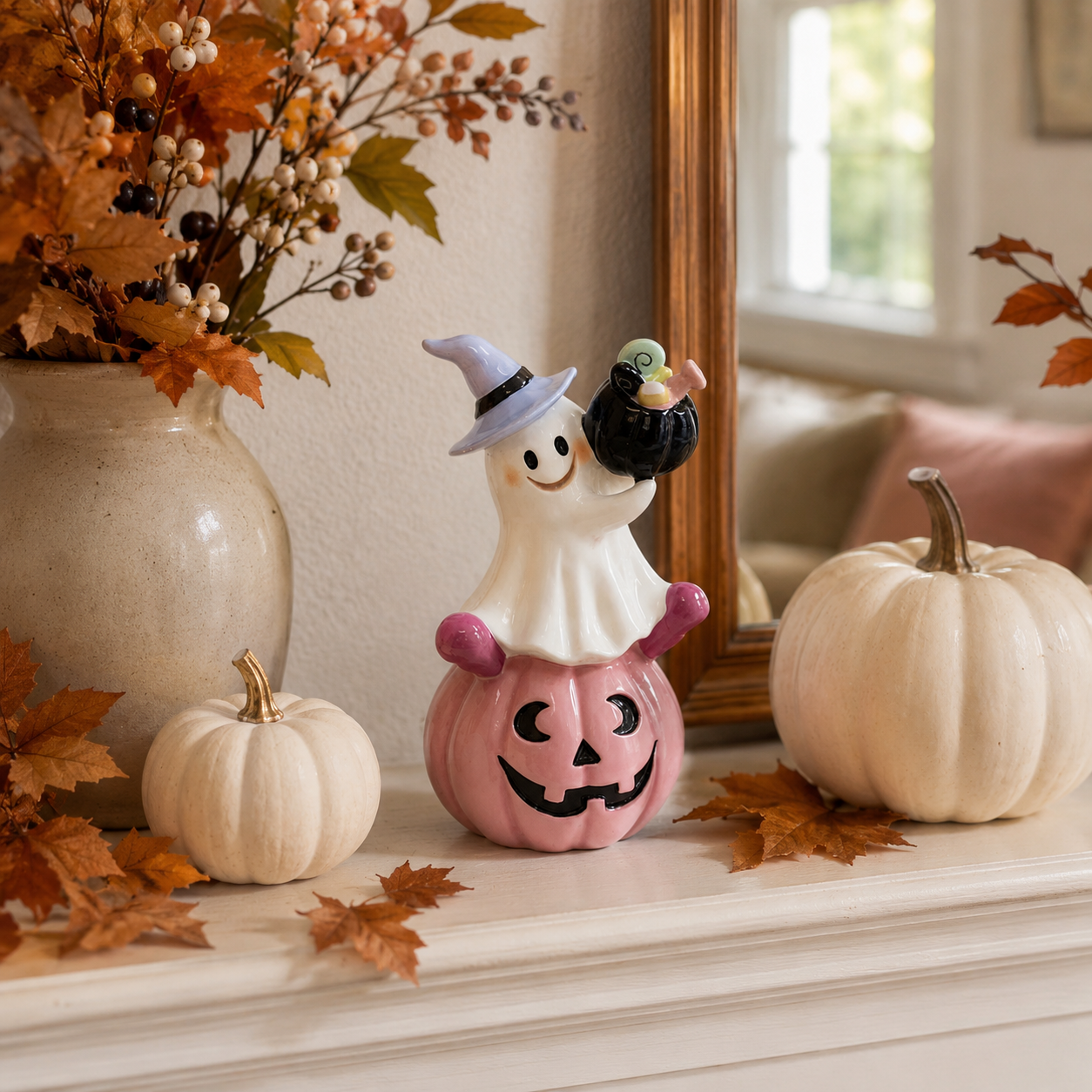 Remote-Controlled Pastel Ghost Witch Lighted Mini Treat Holder