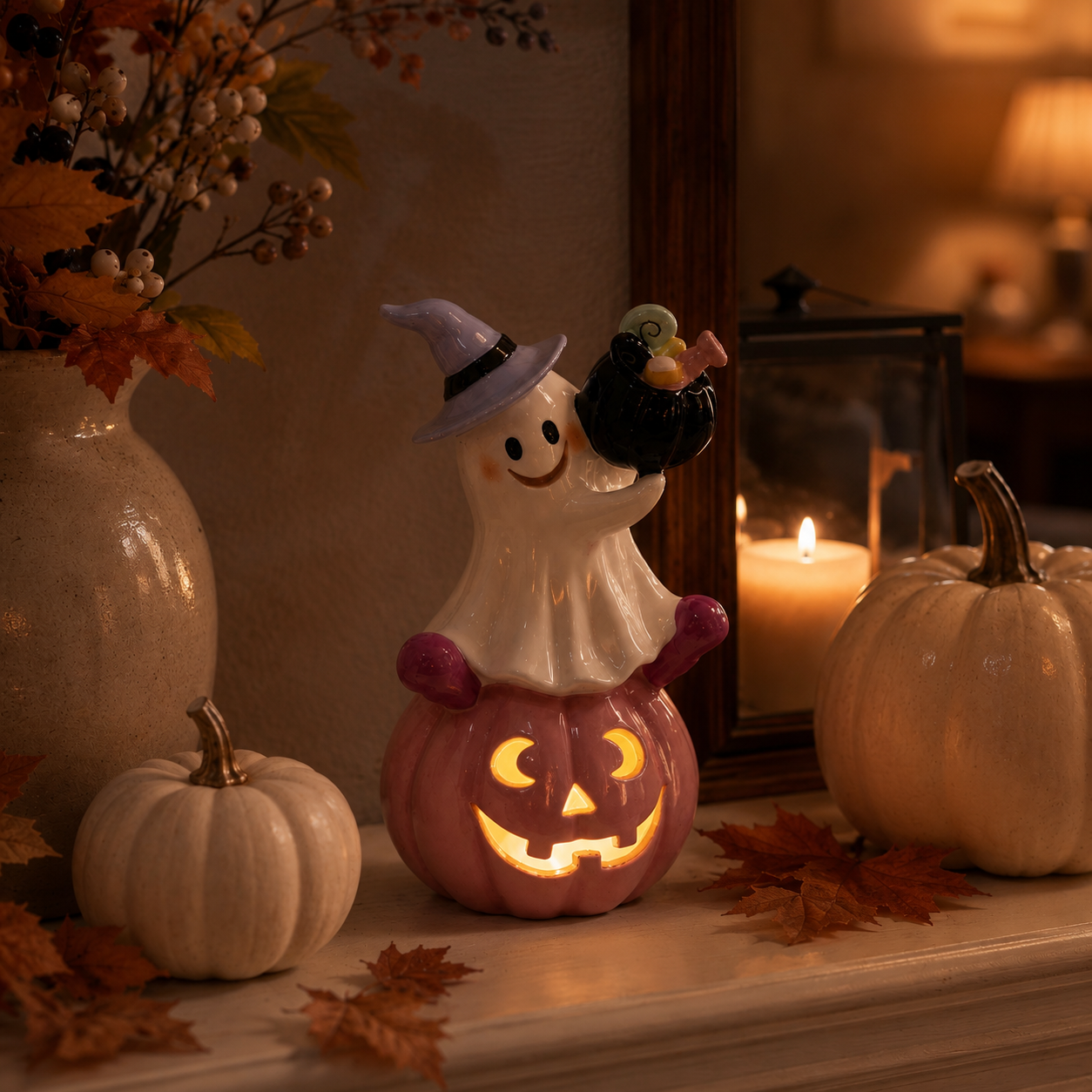 Remote-Controlled Pastel Ghost Witch Lighted Mini Treat Holder