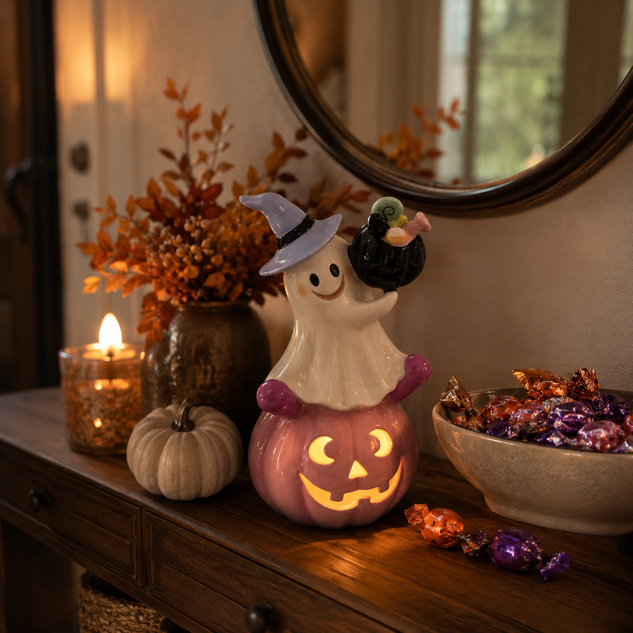 Remote-Controlled Pastel Ghost Witch Lighted Mini Treat Holder