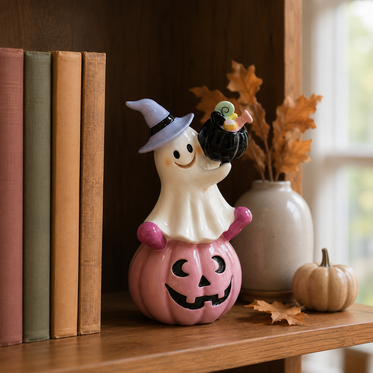 Remote-Controlled Pastel Ghost Witch Lighted Mini Treat Holder