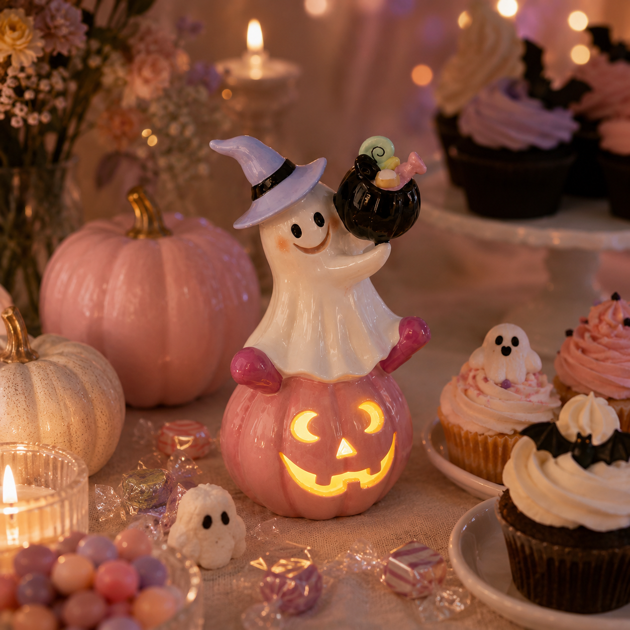 Remote-Controlled Pastel Ghost Witch Lighted Mini Treat Holder