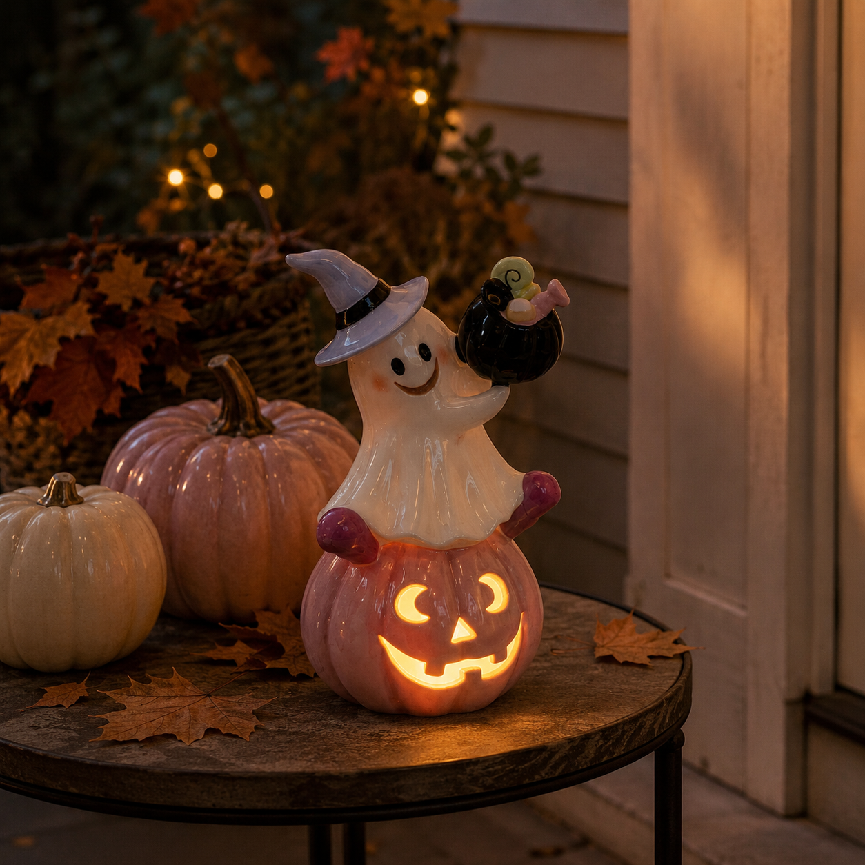 Remote-Controlled Pastel Ghost Witch Lighted Mini Treat Holder
