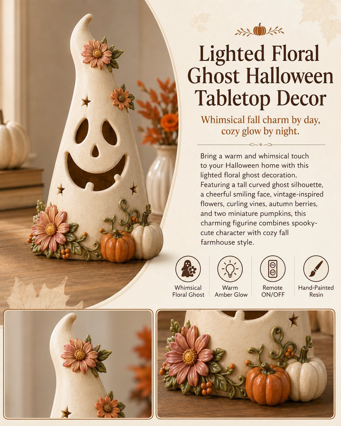 Remote-Controlled Lighted Floral Ghost Halloween Tabletop Decor