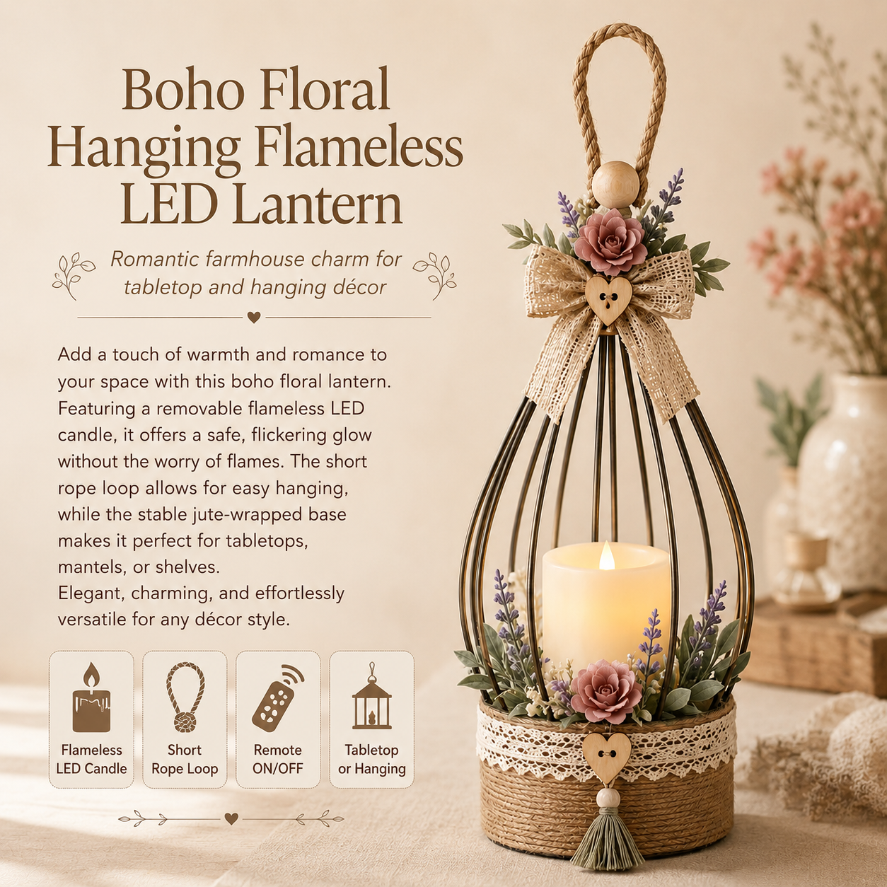 Boho Floral Hanging Flameless LED Lantern